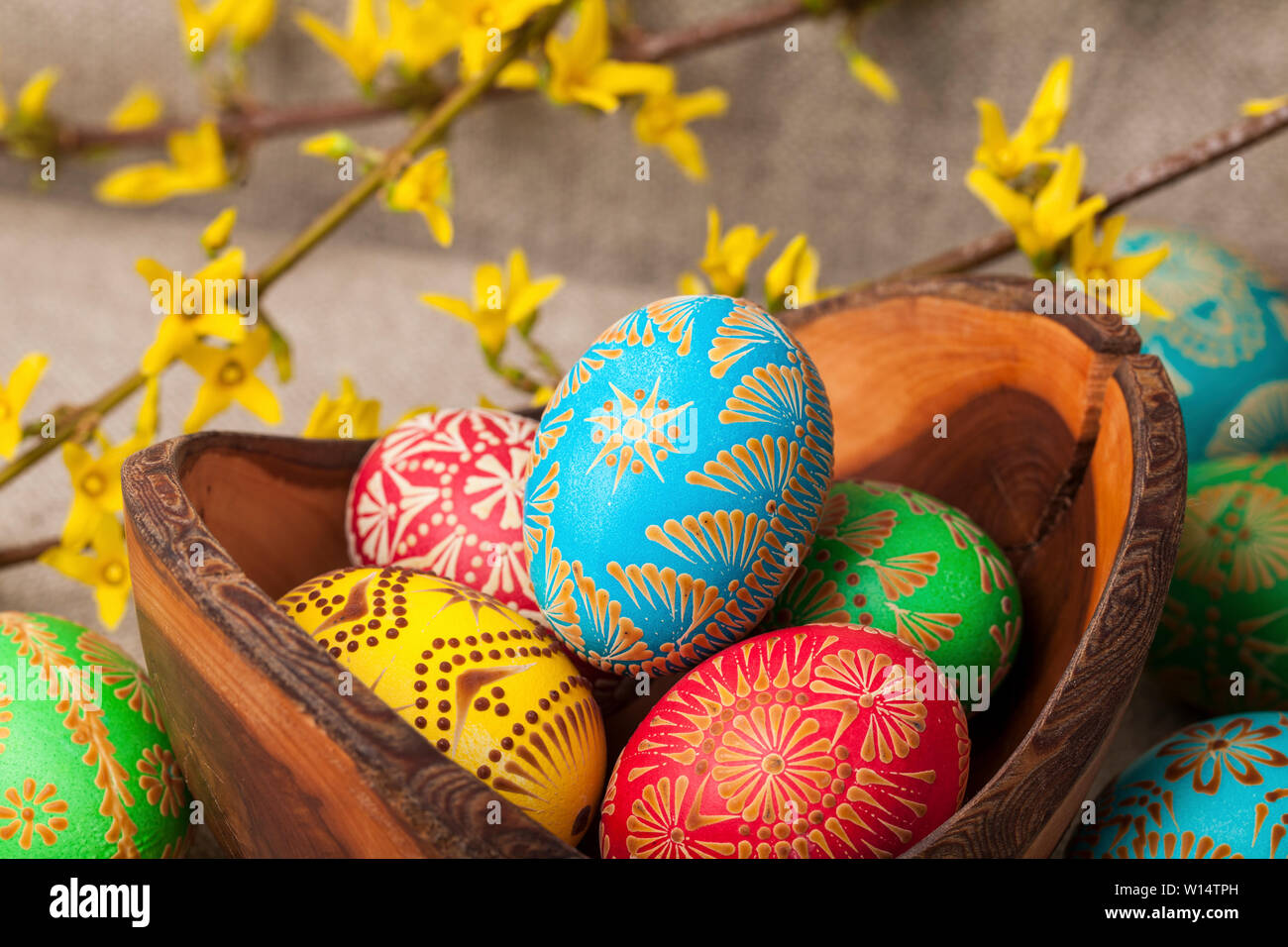 Easter eggs, Paschal eggs, decorated with beeswax - to celebrate Easter. Its old tradition in Lithuania, Eastern Europe Stock Photo