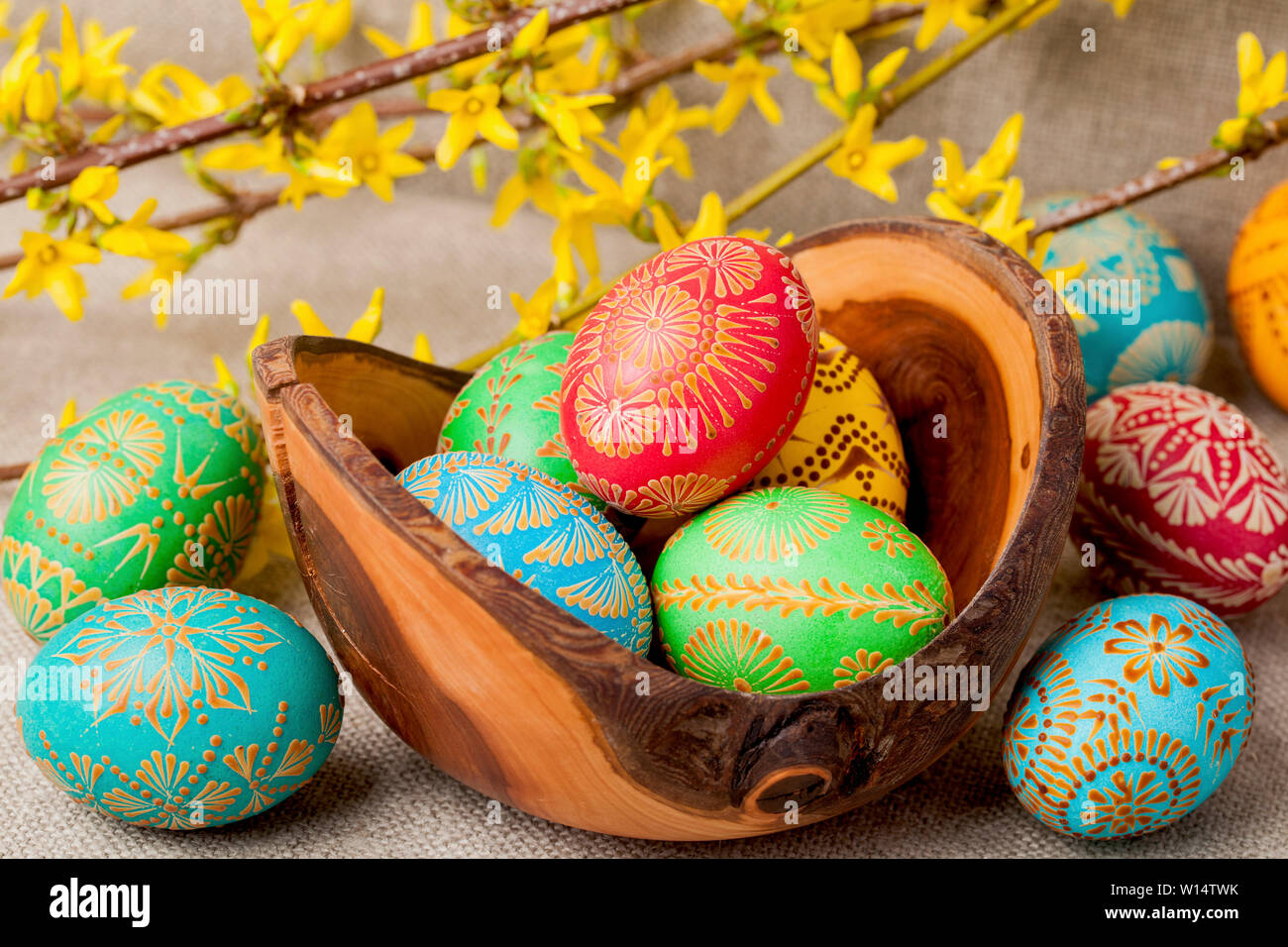Easter eggs, Paschal eggs, decorated with beeswax - to celebrate Easter. Its old tradition in Lithuania, Eastern Europe Stock Photo