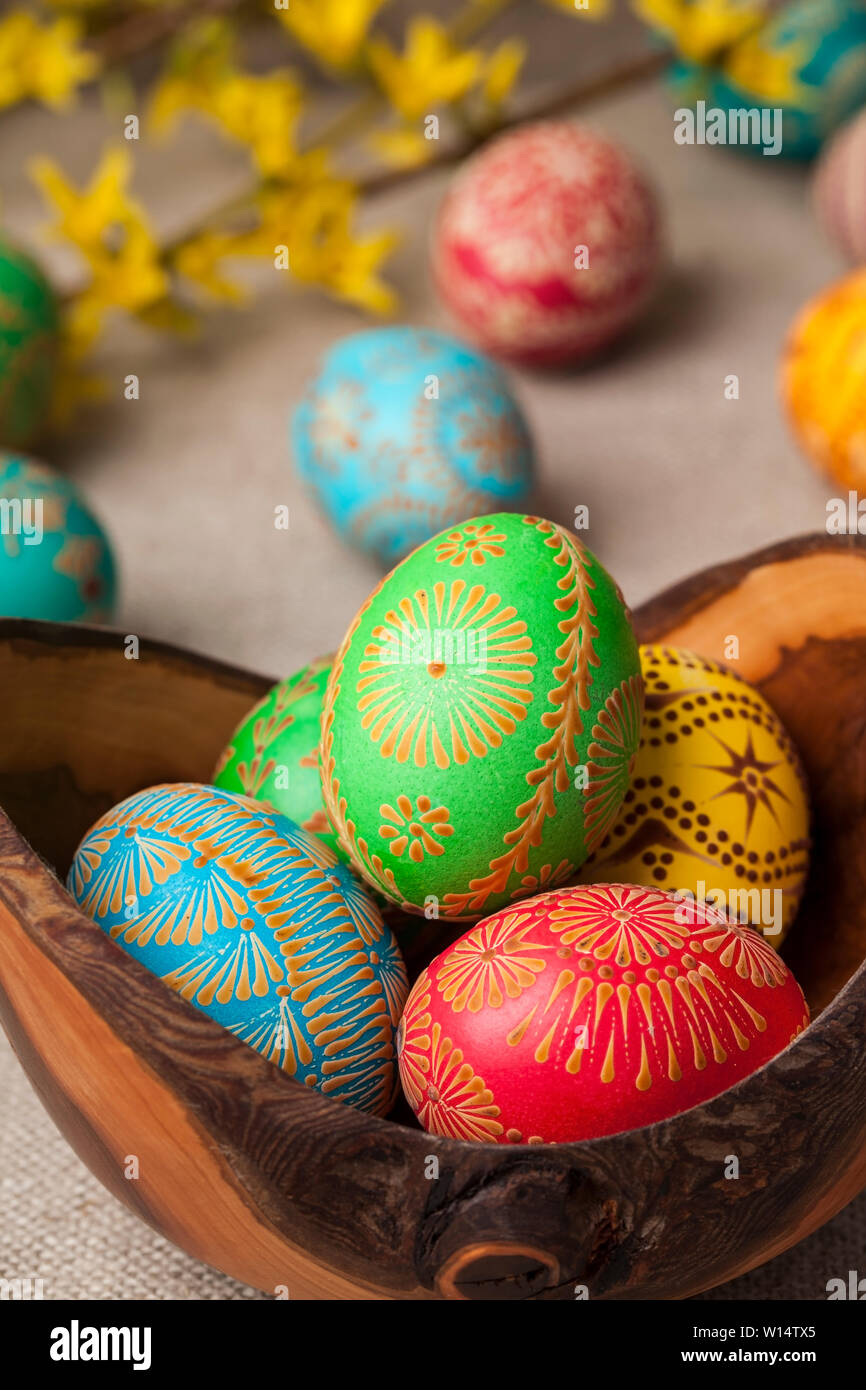 Easter eggs, Paschal eggs, decorated with beeswax - to celebrate Easter. Its old tradition in Lithuania, Eastern Europe Stock Photo