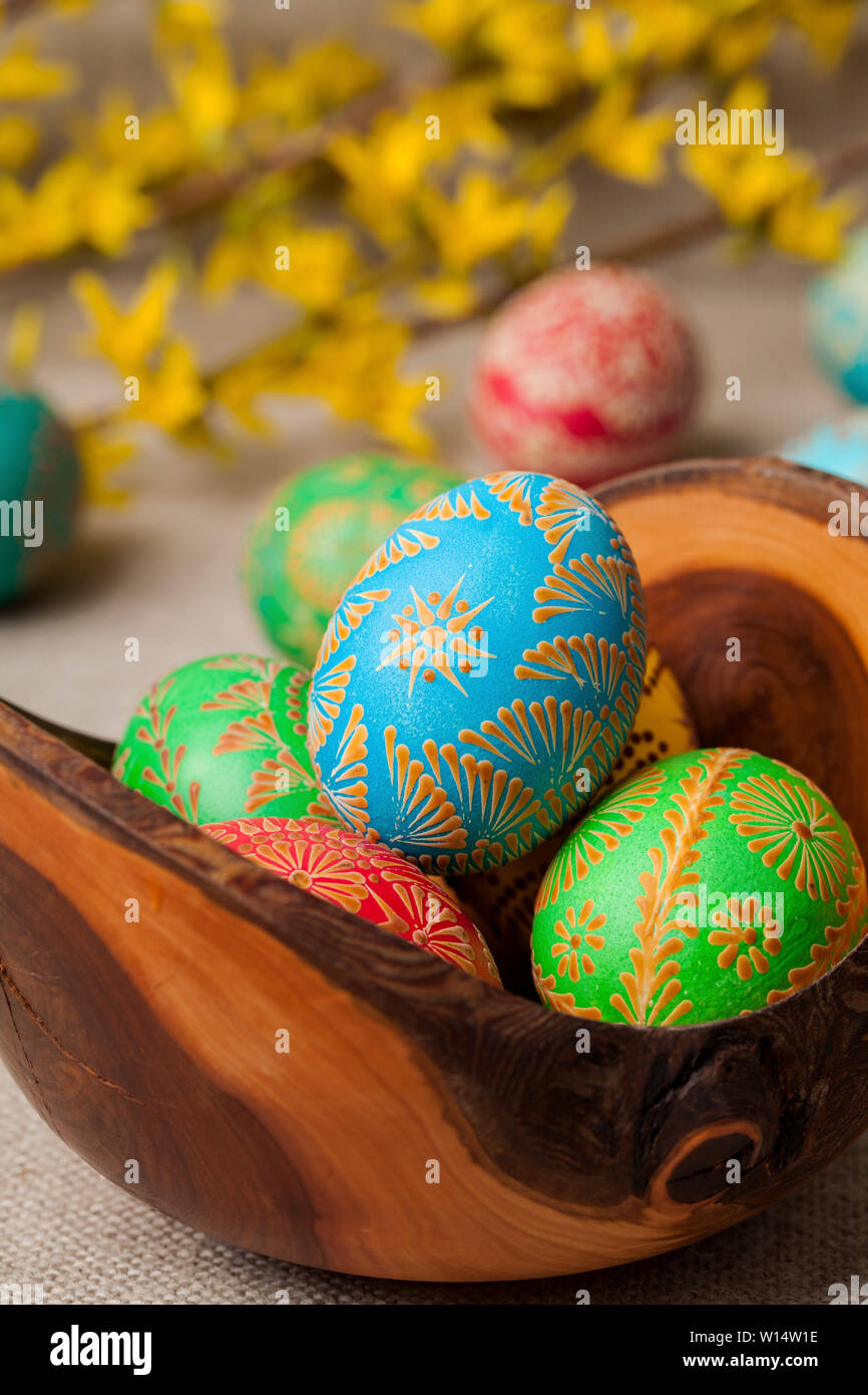 Easter eggs, Paschal eggs, decorated with beeswax - to celebrate Easter. Its old tradition in Lithuania, Eastern Europe Stock Photo