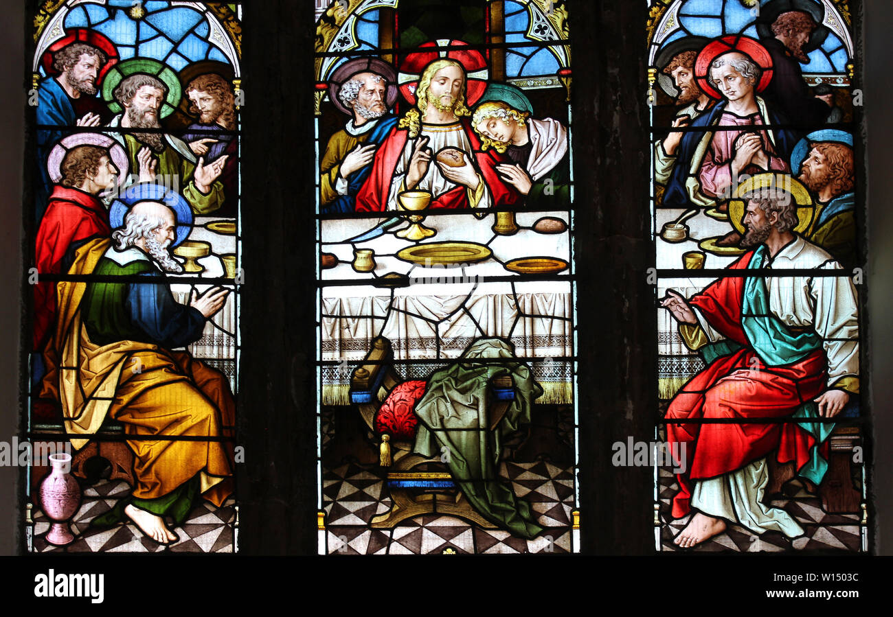 The Last Supper Stained Glass Window at the Church of St Mary and All Saints, Conwy, Wales Stock Photo