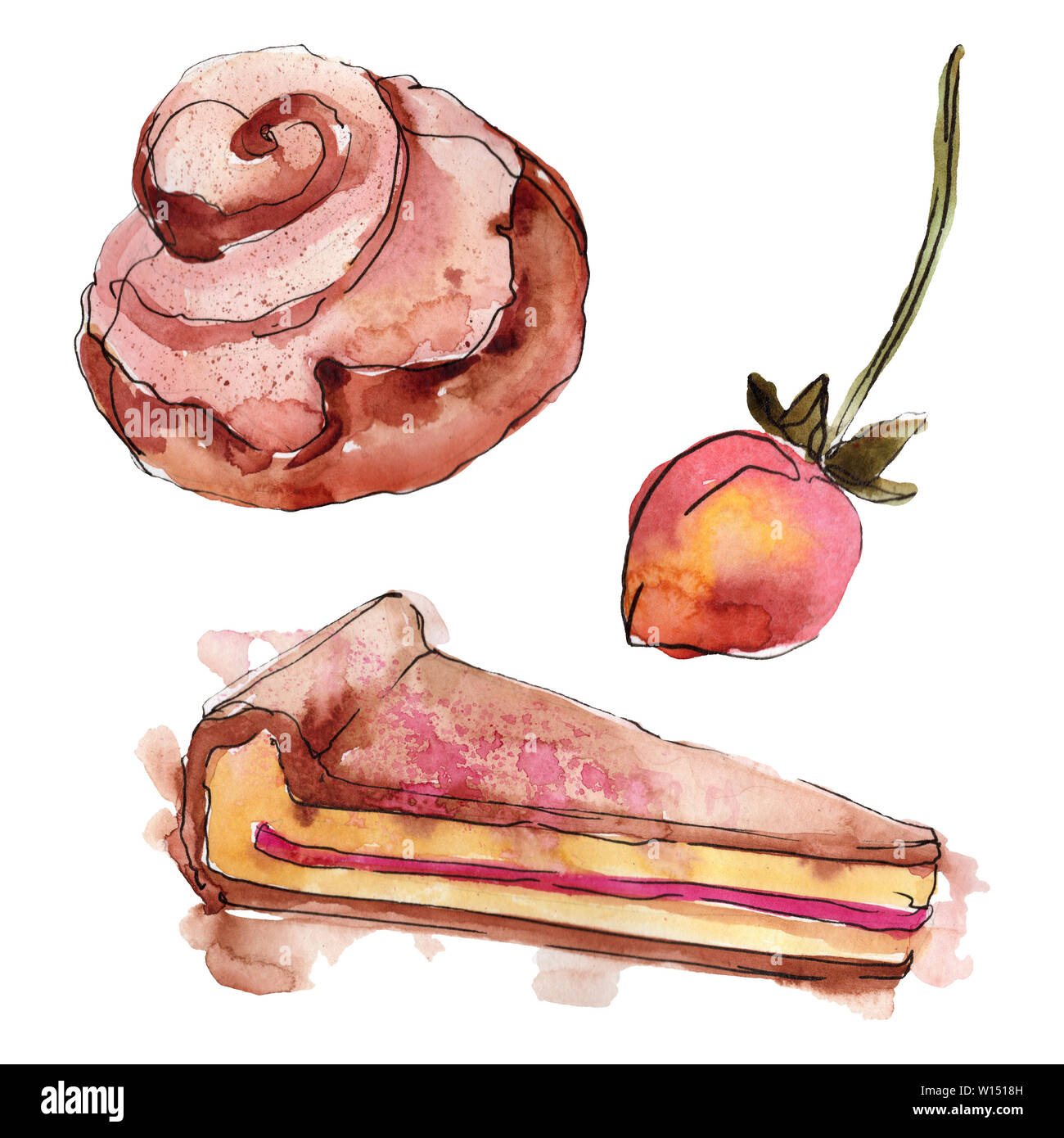 Tasty cake and bun sweet dessert. Watercolor background illustration ...