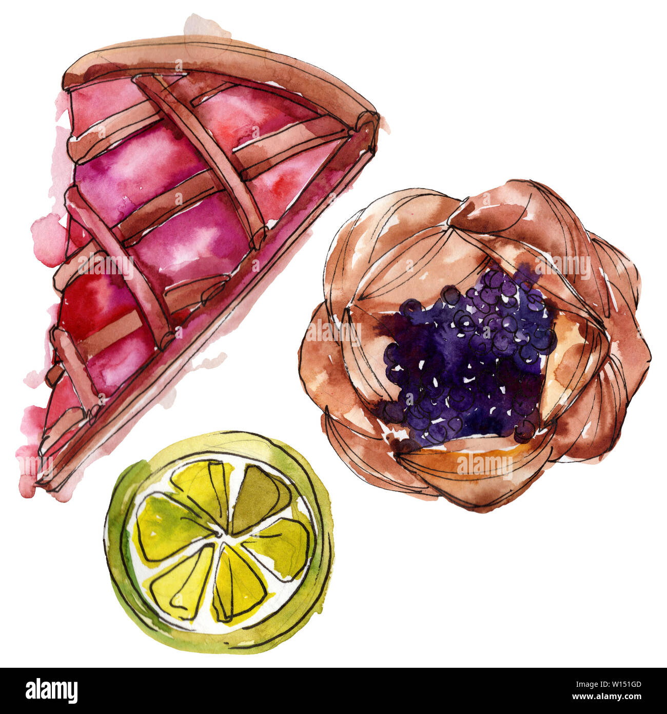 Tasty cake and bun sweet dessert. Watercolor background illustration ...