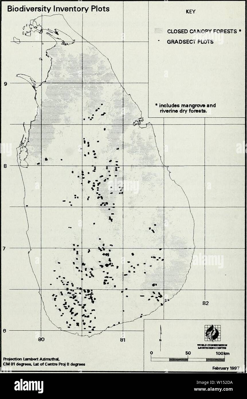 Archive image from page 105 of Designing an optimum protected areas. Designing an optimum protected areas system for Sri Lanka's natural forests. Volume 1 . designingoptimum01iucn Year: 1997  Figure 6.1 Distribution of plots (100 m x 5 m) sampled during the NCR. 94 Stock Photo