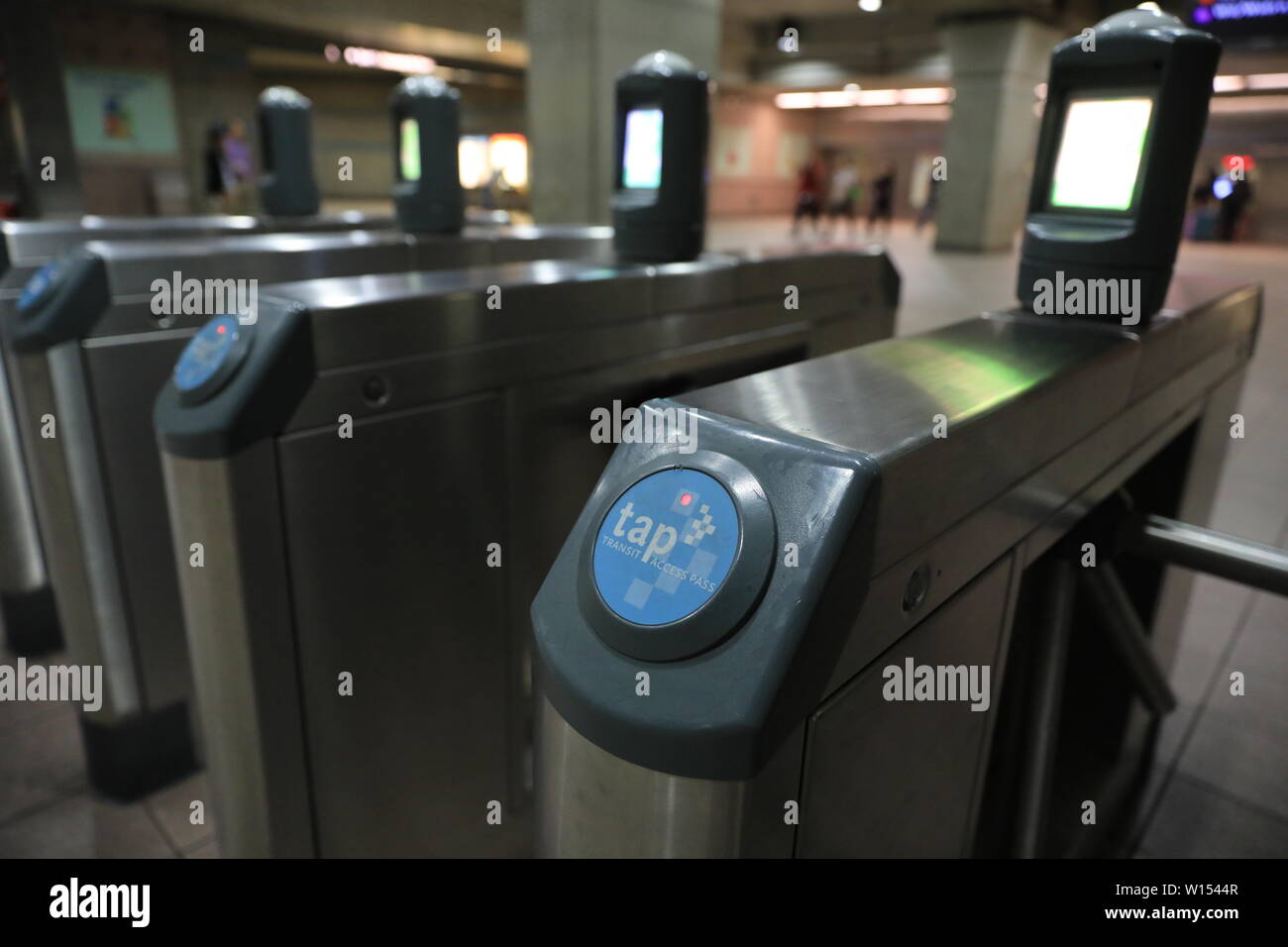The tap fare gates at the Union Station subway station in Los Angeles