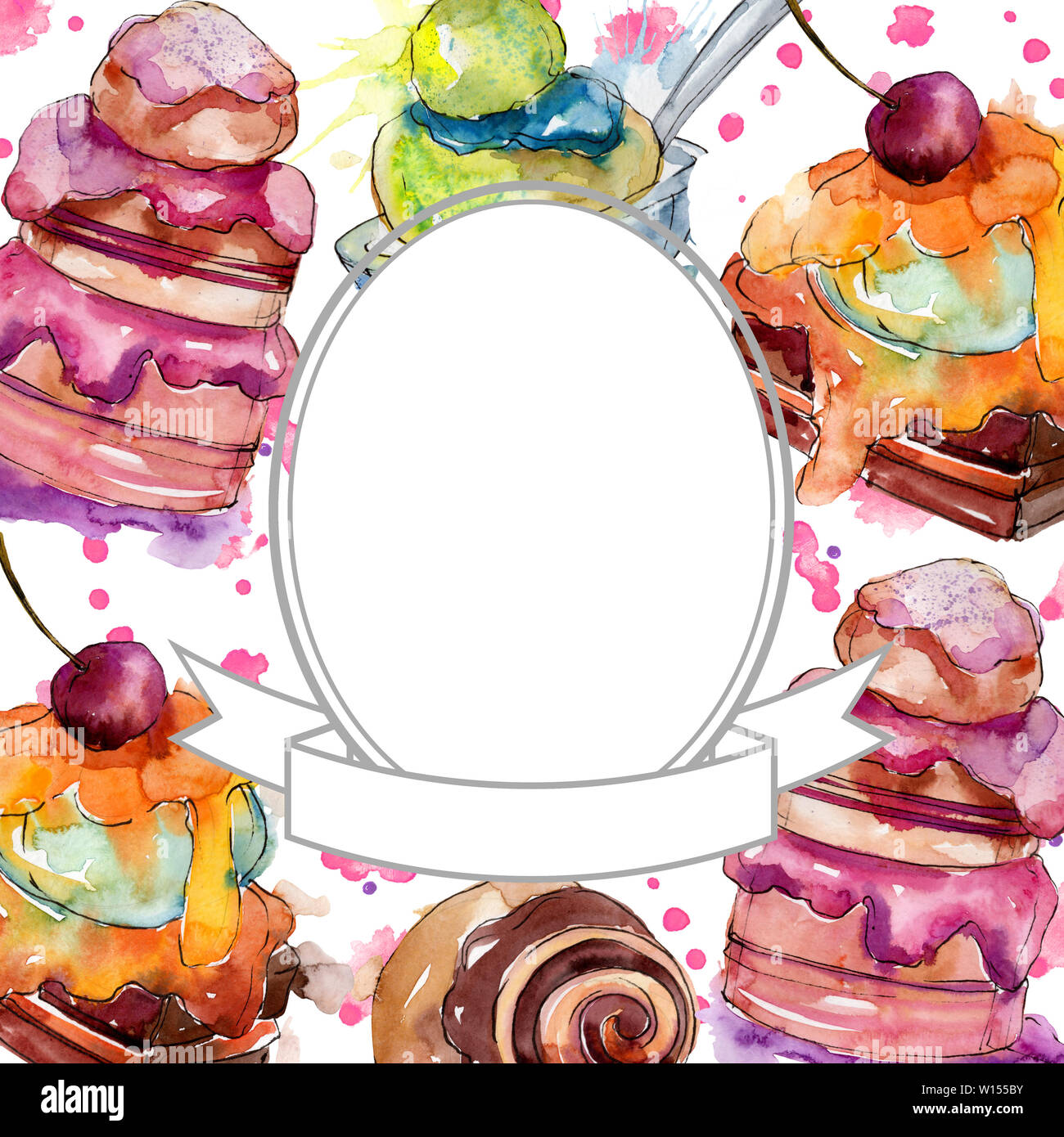 Tasty cake and bun sweet dessert. Watercolor background illustration