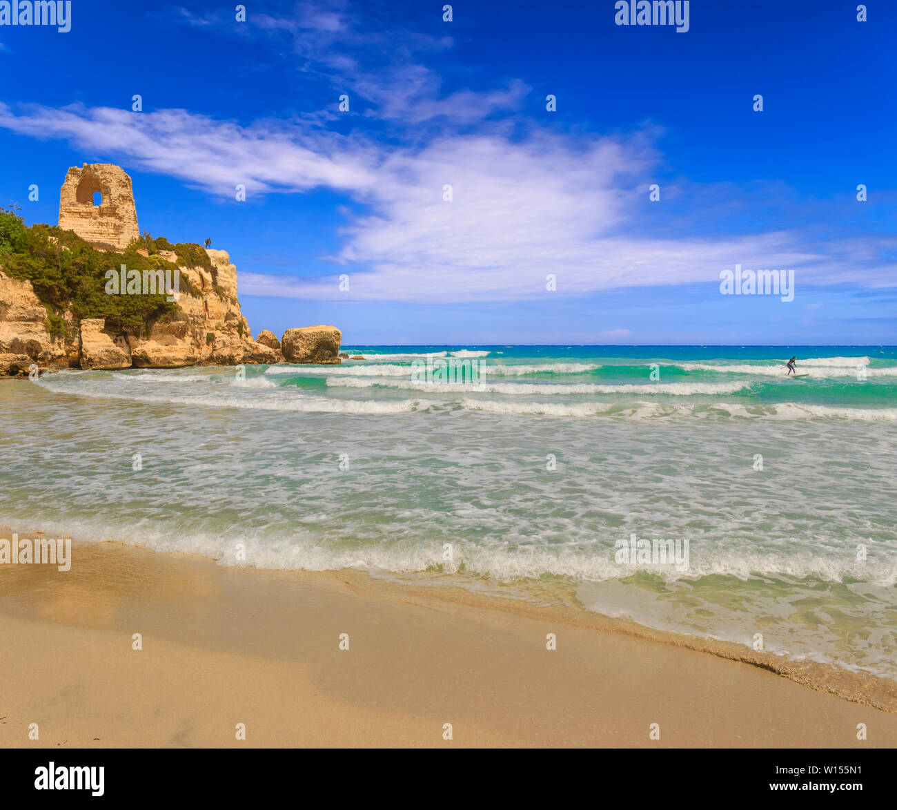The most beautiful coast of Apulia: Torre Dell'Orso Bay, ITALY (Lecce).Typical seascape of Salento: view of the wide sandy beach. Stock Photo