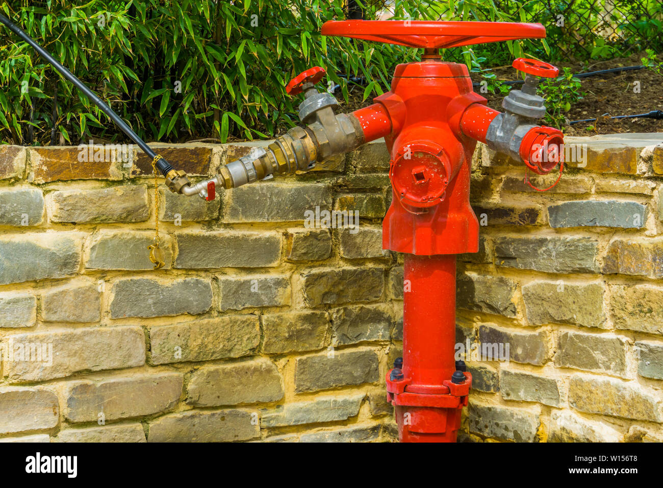 red fire hydrant with multiple hose fittings, fire prevention system