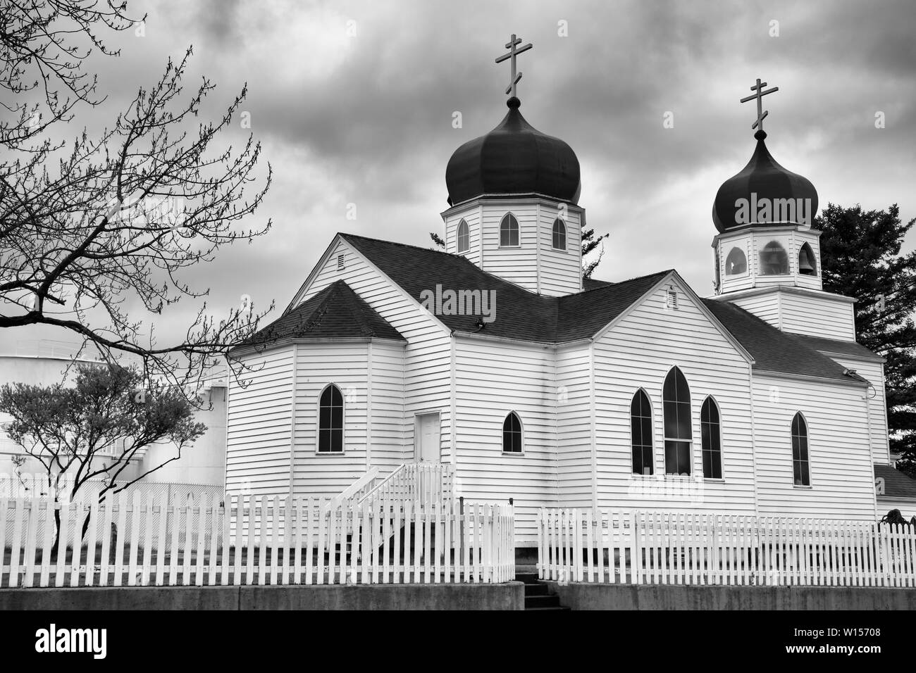 Kodiak alaska russian orthodox church Black and White Stock Photos