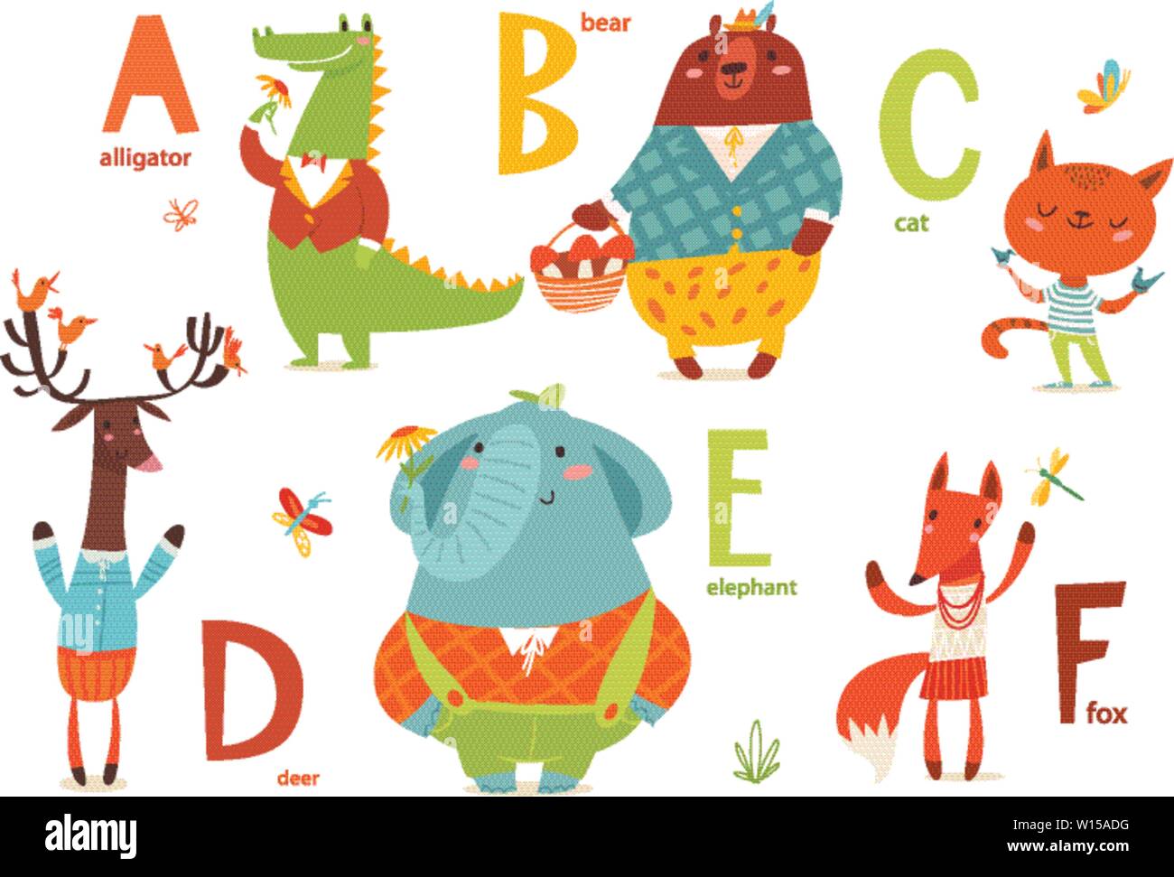 Part 1 of animals abc with cute cartoon animals and letters. Letters A-F. Stock Vector