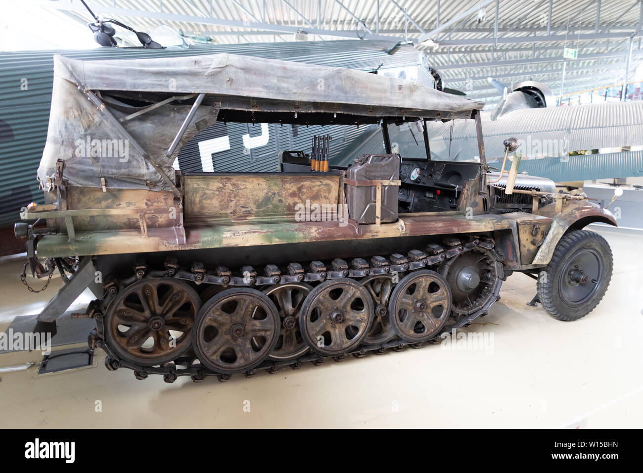 A half-track military vehicle used by the German Wehrmacht Heer, Luftwaffe and Waffen-SS during the Second World War on museum display at Gardemoen. Stock Photo