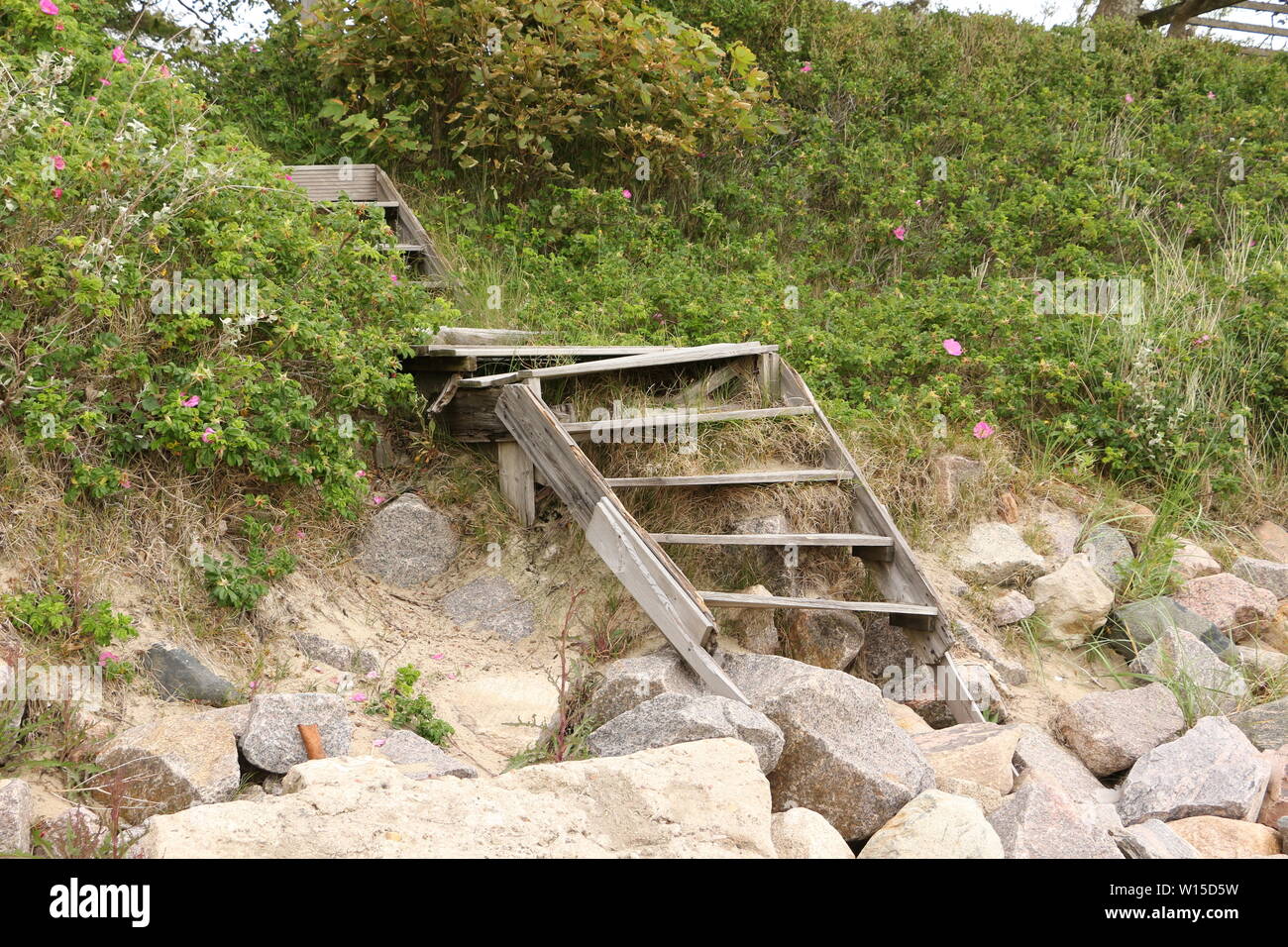 Alte Holztreppe am Strand bei Wyk auf Föhr Stock Photo