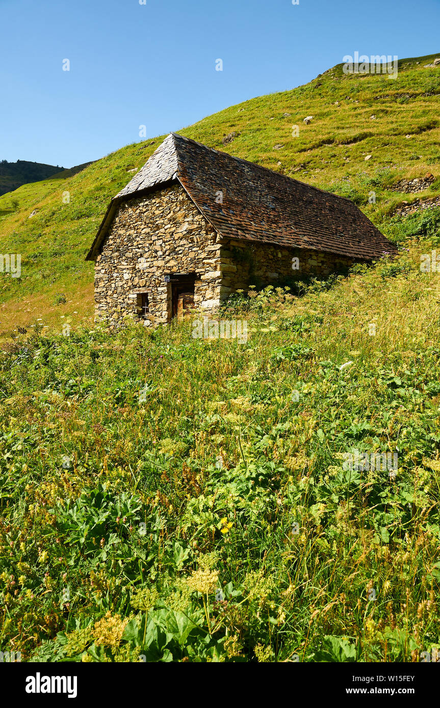 Borda, a traditional high mountain cattle building, near GR-11 footpath in Viadós (Chistau valley, Sobrarbe, Huesca, Pyrenees, Aragon, Spain) Stock Photo