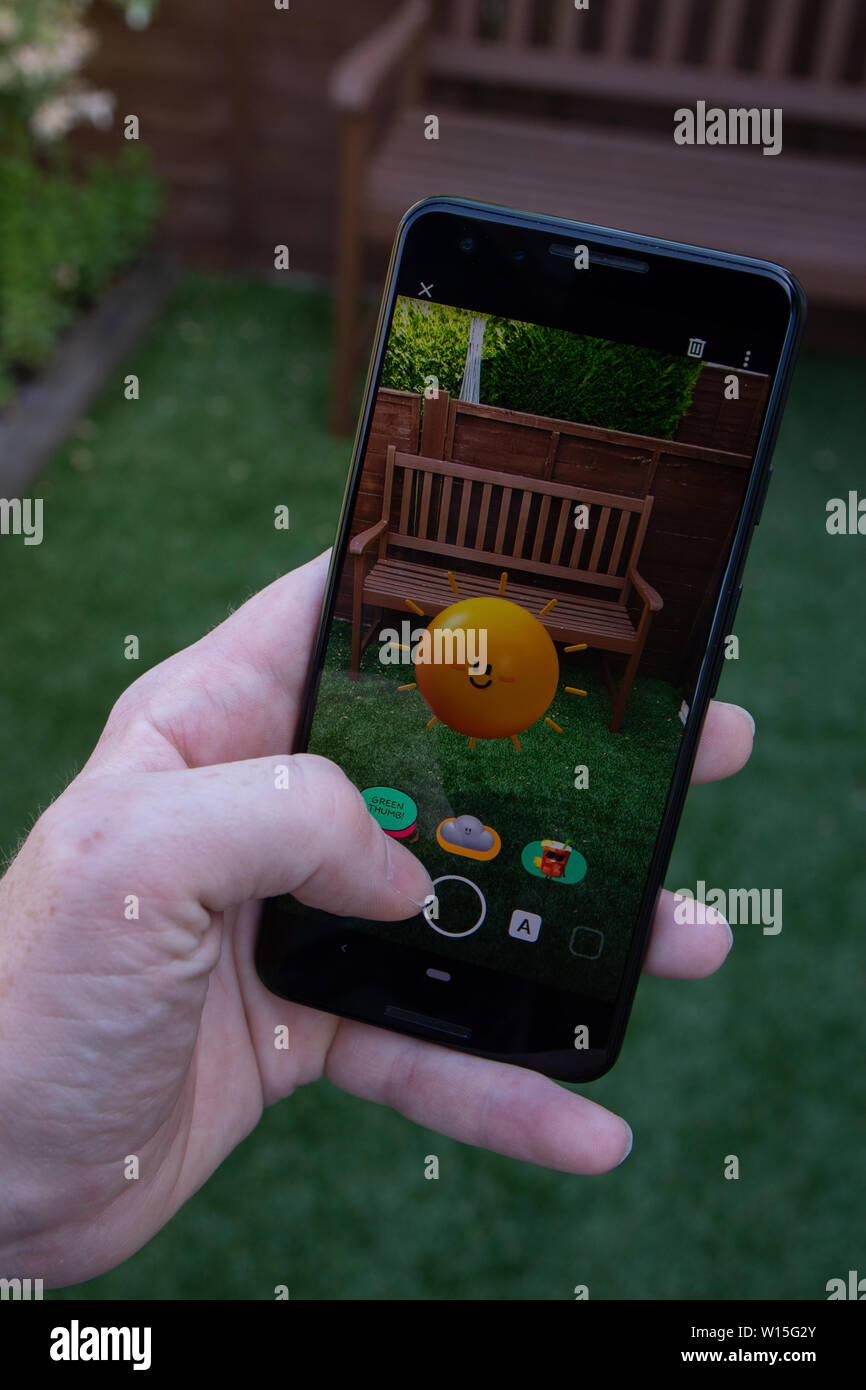 England, United Kingdom - June 30th 2019: Augmented reality playground app on a Google Pixel 3 released by google an alphabet company in 2019. Image s Stock Photo