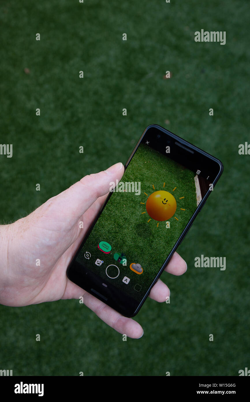 England, United Kingdom - June 30th 2019: Augmented reality playground app on a Google Pixel 3 released by google an alphabet company in 2019. Image s Stock Photo