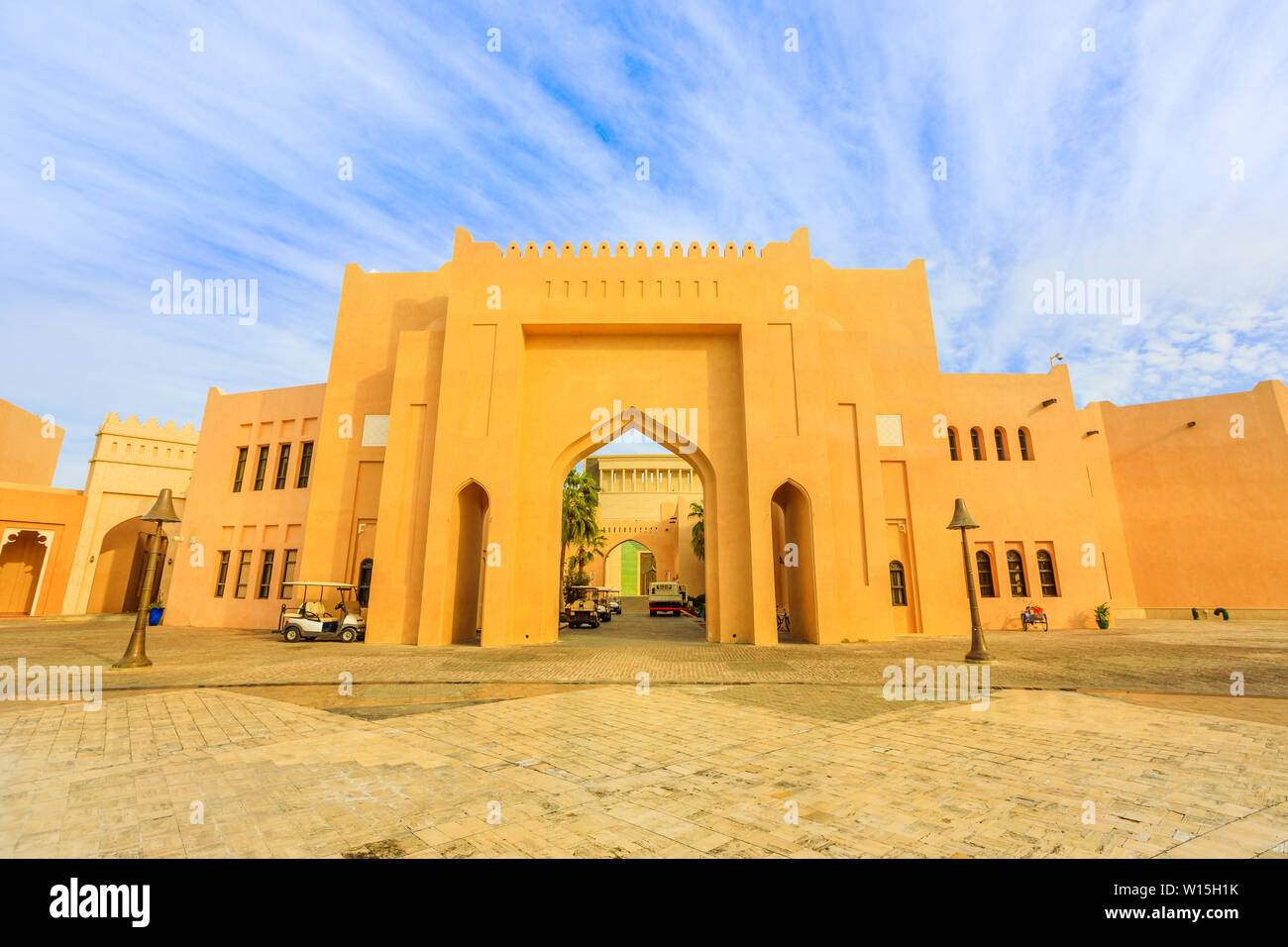 Scenic landscape of Katara cultural village entrance or valley of cultures in Doha, West Bay District, Qatar. Middle East, Arabian Peninsula. Famous Stock Photo