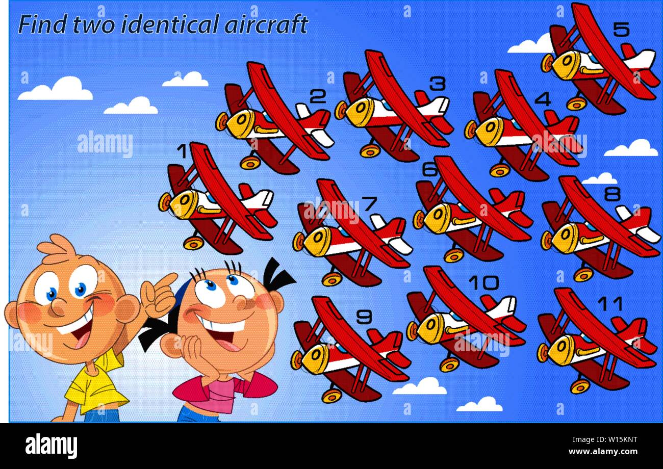 In the vector illustration puzzle, where children must find two identical aircraft Stock Vector