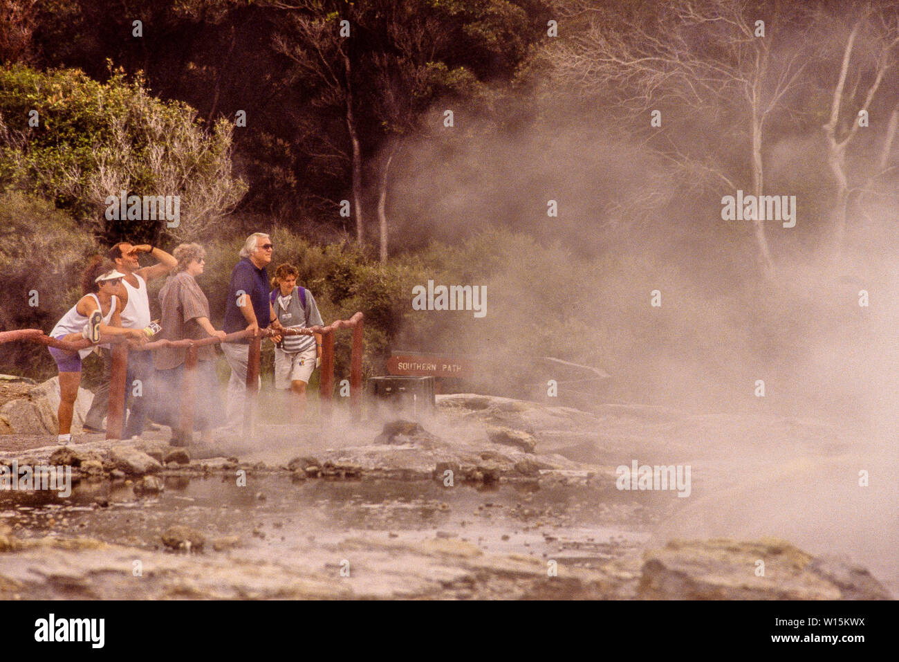 New Zealand. Rotorua, known for its geothermal activity, and features geysers – notably the Pohutu Geyser at Whakarewarewa – and hot mud pools. This t Stock Photo