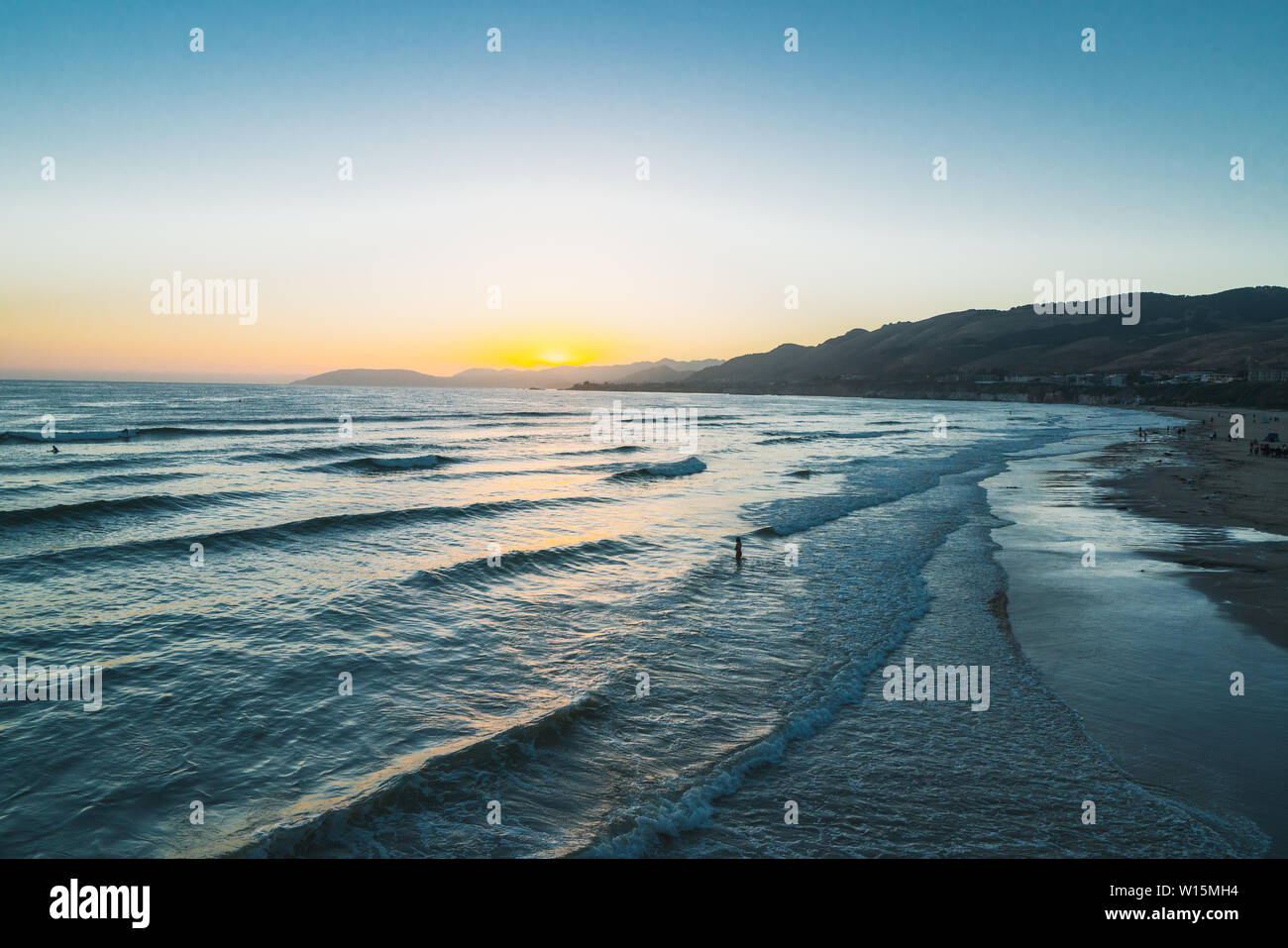 Sunset on the Beach. Beautiful Pacific Ocean, Pismo Beach, California Stock Photo