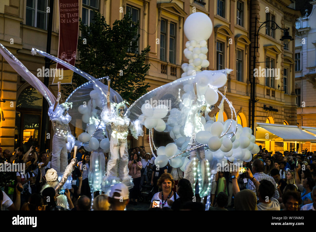 Sibiu City Romania 20 June 2019 Mademoiselle Paillette Perform White World Show In Night At The Sibiu International Theatre Festival From Sibiu R Stock Photo Alamy