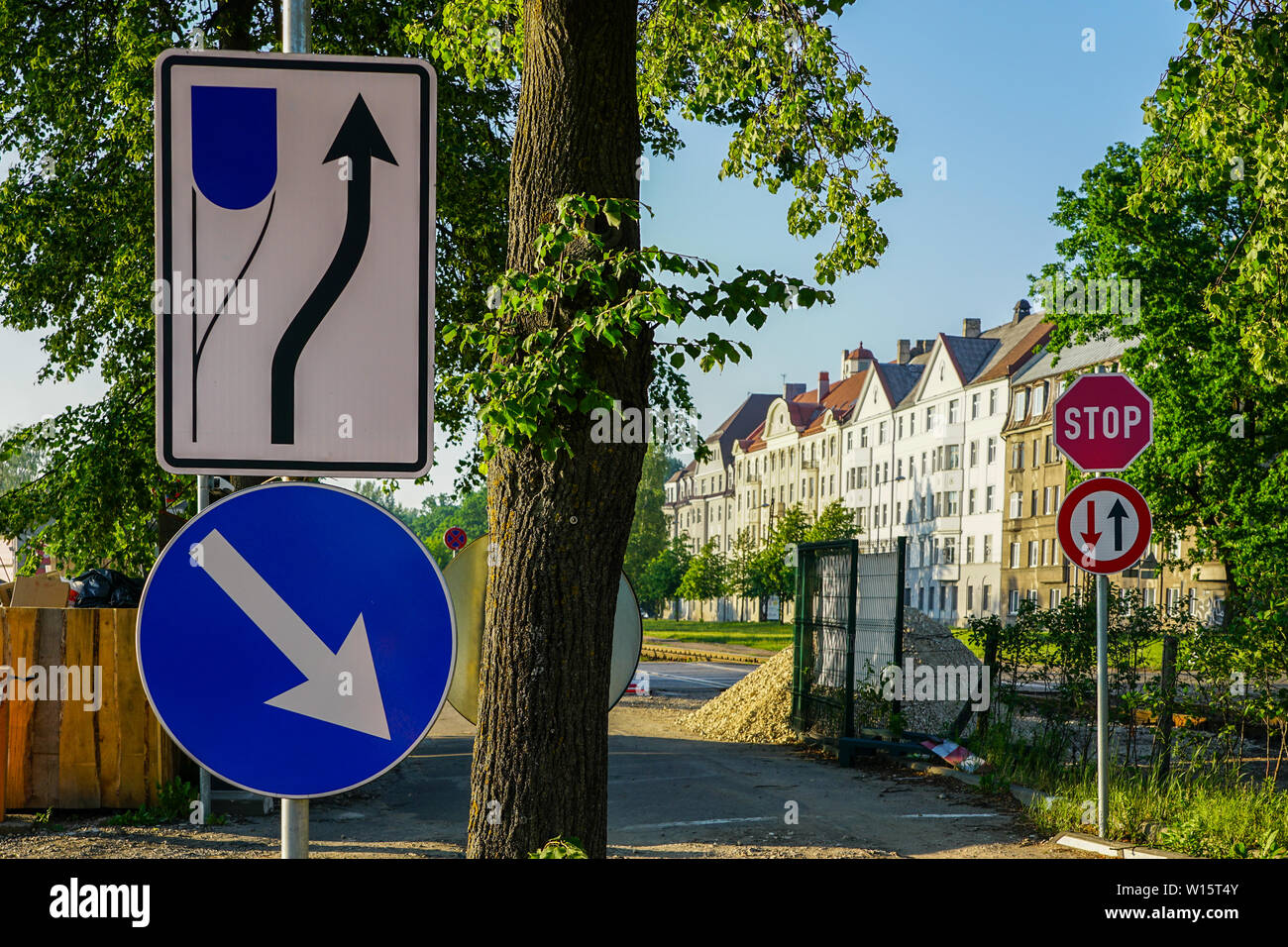 various road signs for optimal traffic organization Stock Photo