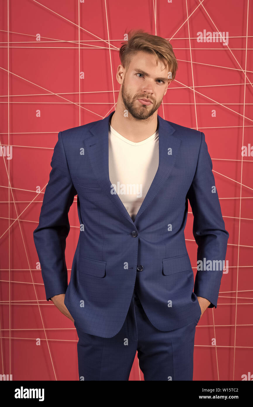 Man well groomed manager wear elegant formal suit pink background. Manager  confident wear perfect outfit. Guy office worker handsome appearance. Guy  unshaved office manager. Manager dress code Stock Photo - Alamy