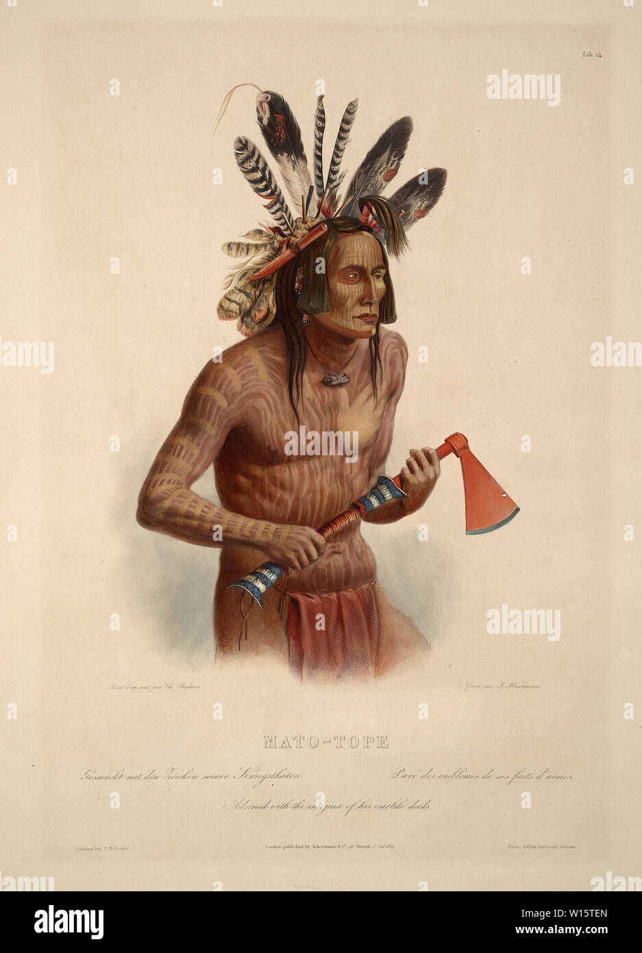 Mato-Tope, Adorned with the insignia of his warlike deeds - Karl Bodmer aquatint from Travels in the Interior of North America Stock Photo