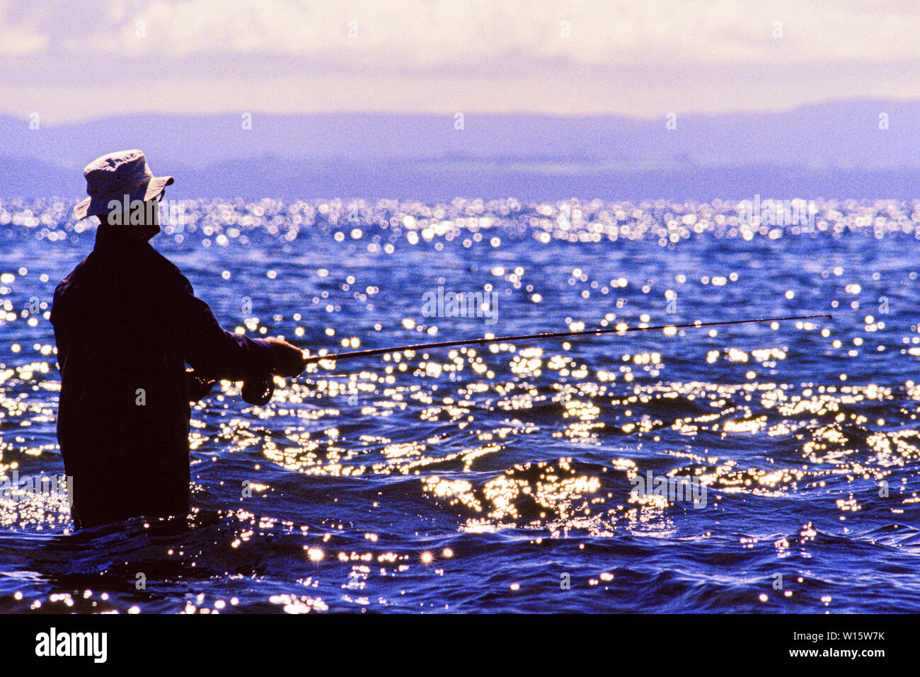 New Zealand, North Island. Men fishing in Lake Taupo, a noted trout fishery with stocks of introduced brown and rainbow trout. Photo taken November 19 Stock Photo