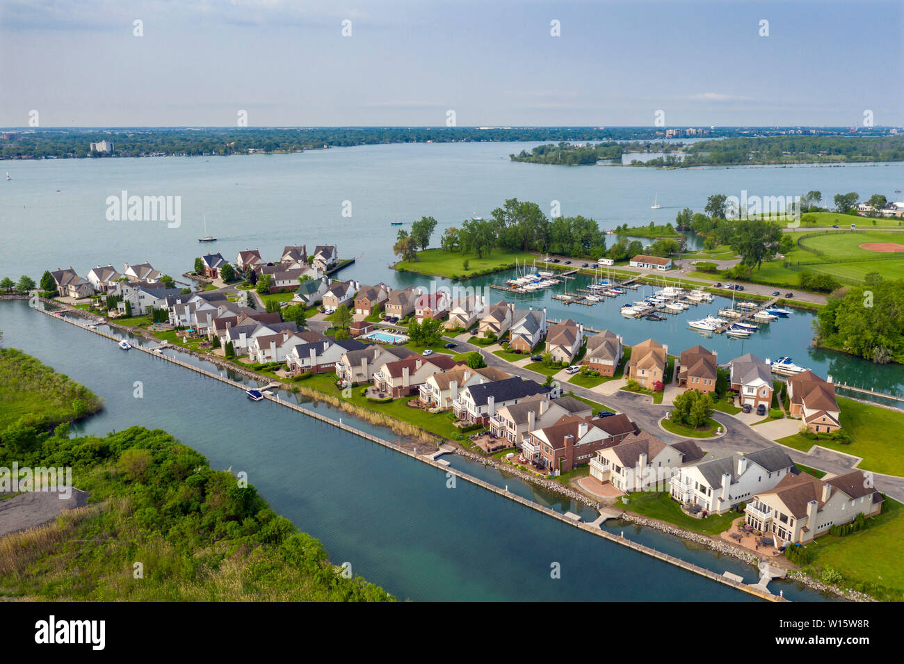 Detroit, Michigan - Shorepointe Village, an exclusive waterfront, gated development on the Detroit River. Homes in the development sell for over $400, Stock Photo
