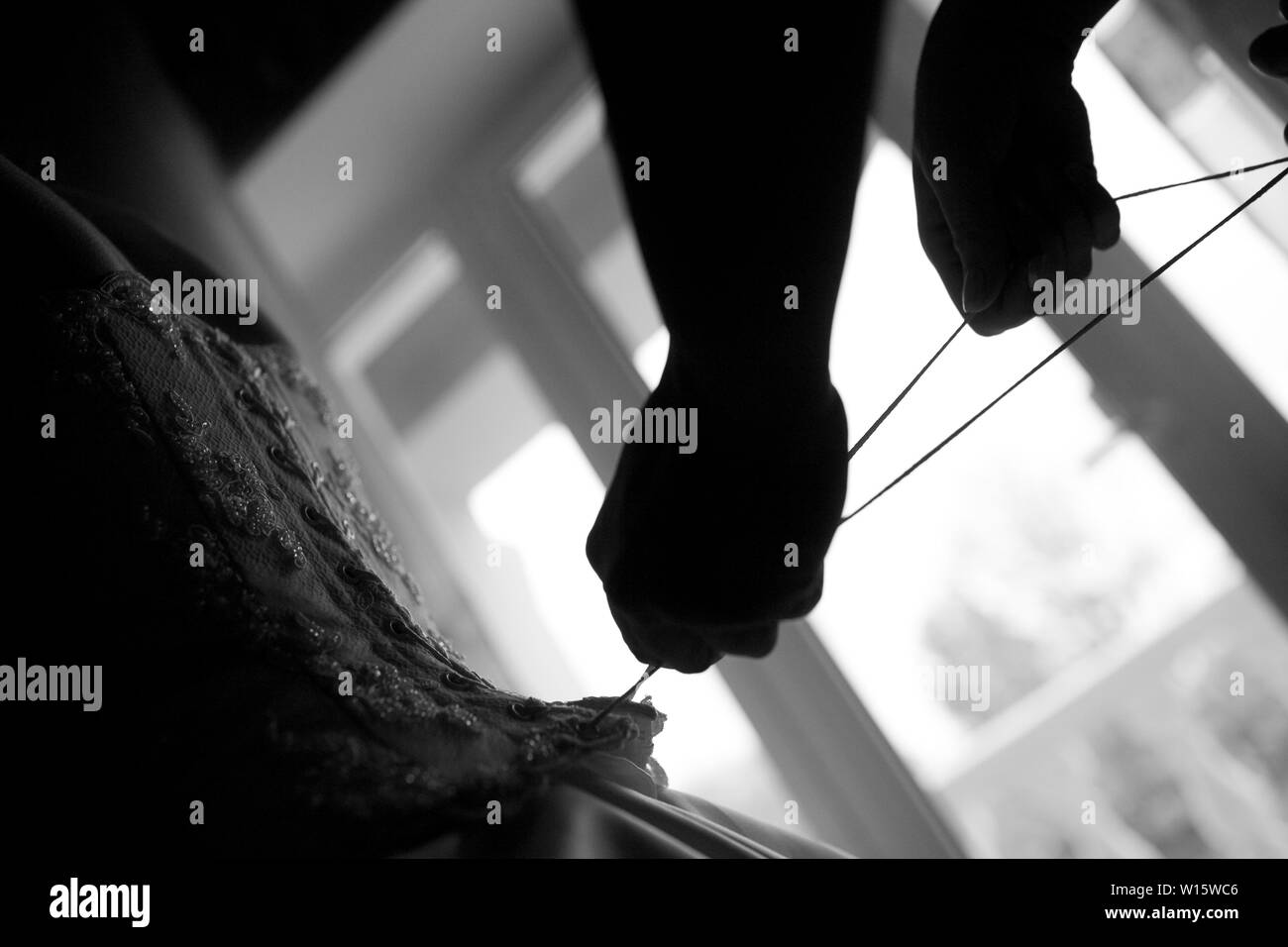 Bride from the back. Lacing the wedding dress Stock Photo Alamy