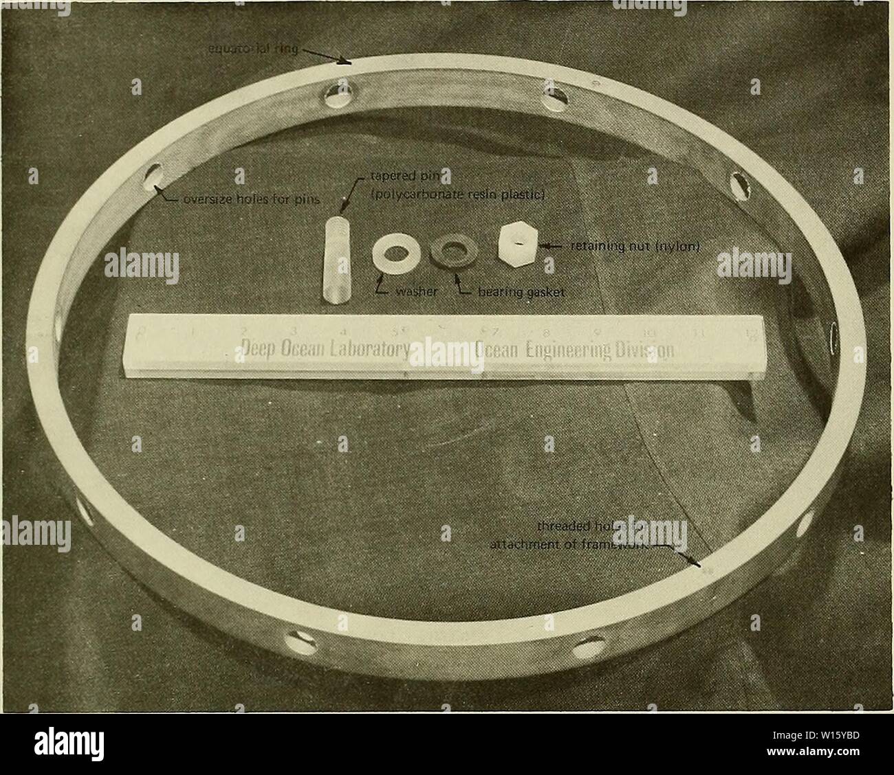 Archive image from page 192 of Development of a spherical acrylic. Development of a spherical acrylic plastic pressure hull for hydrospace application . developmentofsph00stac Year: 1970  Figure D-2. Equatorial ring and tapered pins needed for attaching the ring to the acrylic plastic capsule. The model capsule was fabricated in an identical manner to those already discussed in the main body of the report (Figure D-4), except that 10 radially tapered holes were drilled through the wall along the capsule's equator (Figure D-4). For implosion testing, the model was equipped (Figure D-5) with the Stock Photo