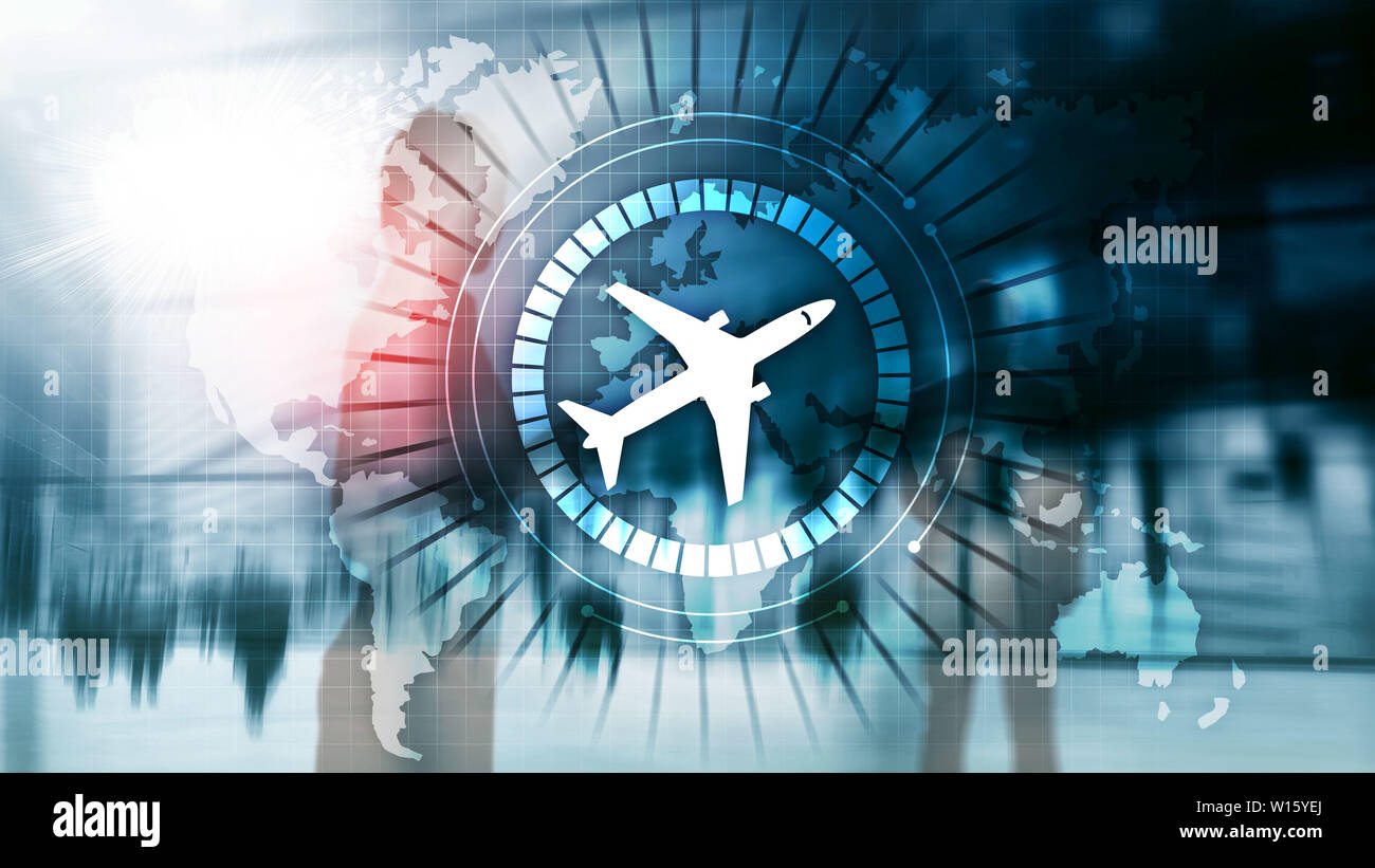 Online booking 3D icon airplane on virtual screen. Stock Photo