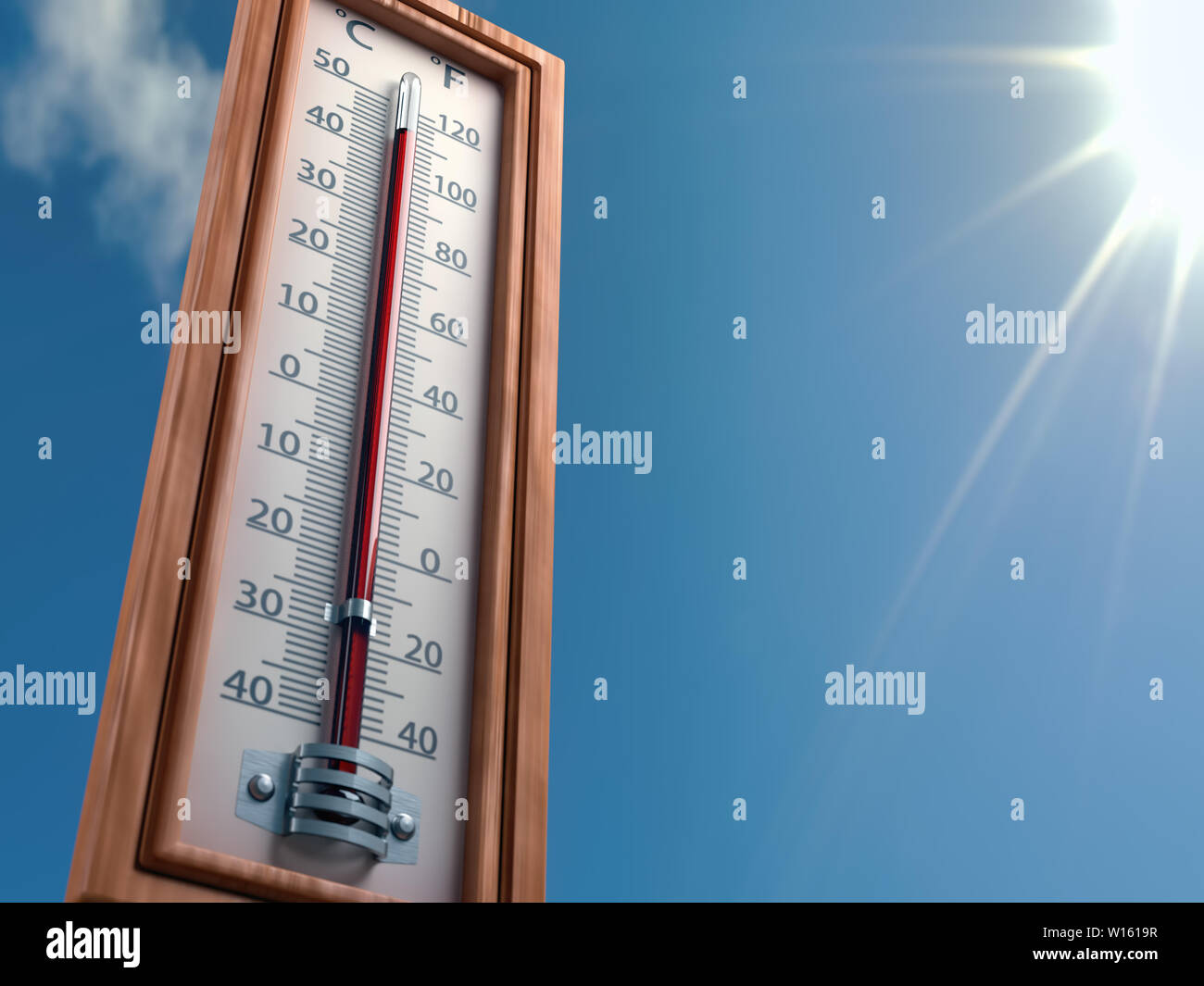 Outdoor thermometer indicating extreme high temperature Stock Photo Alamy