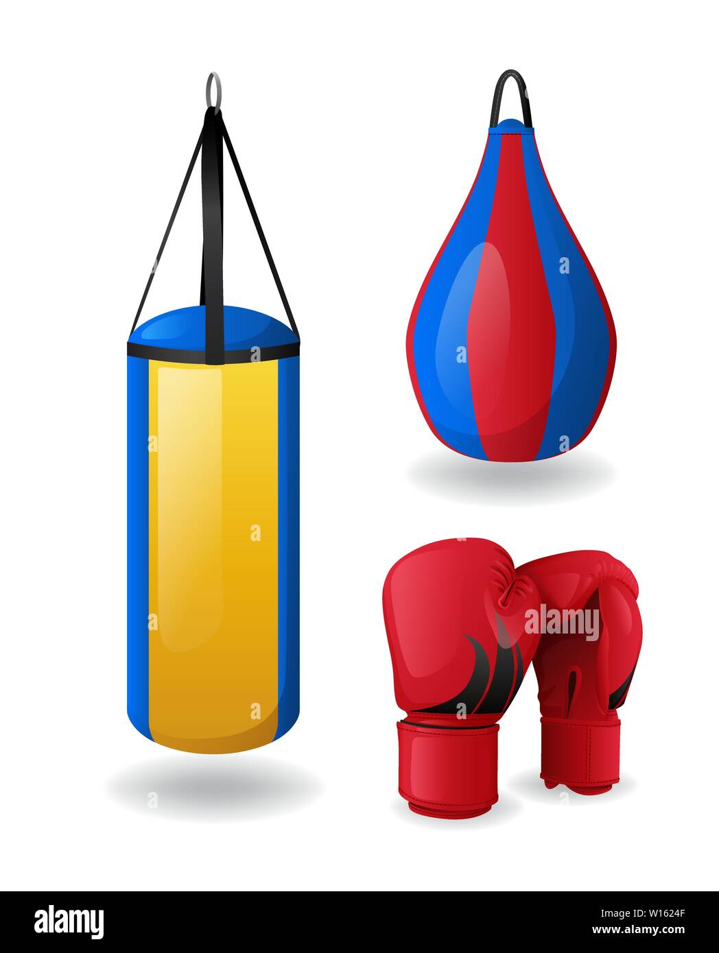 Boxing equipment set isolated, red gloves and punching bags Stock Vector