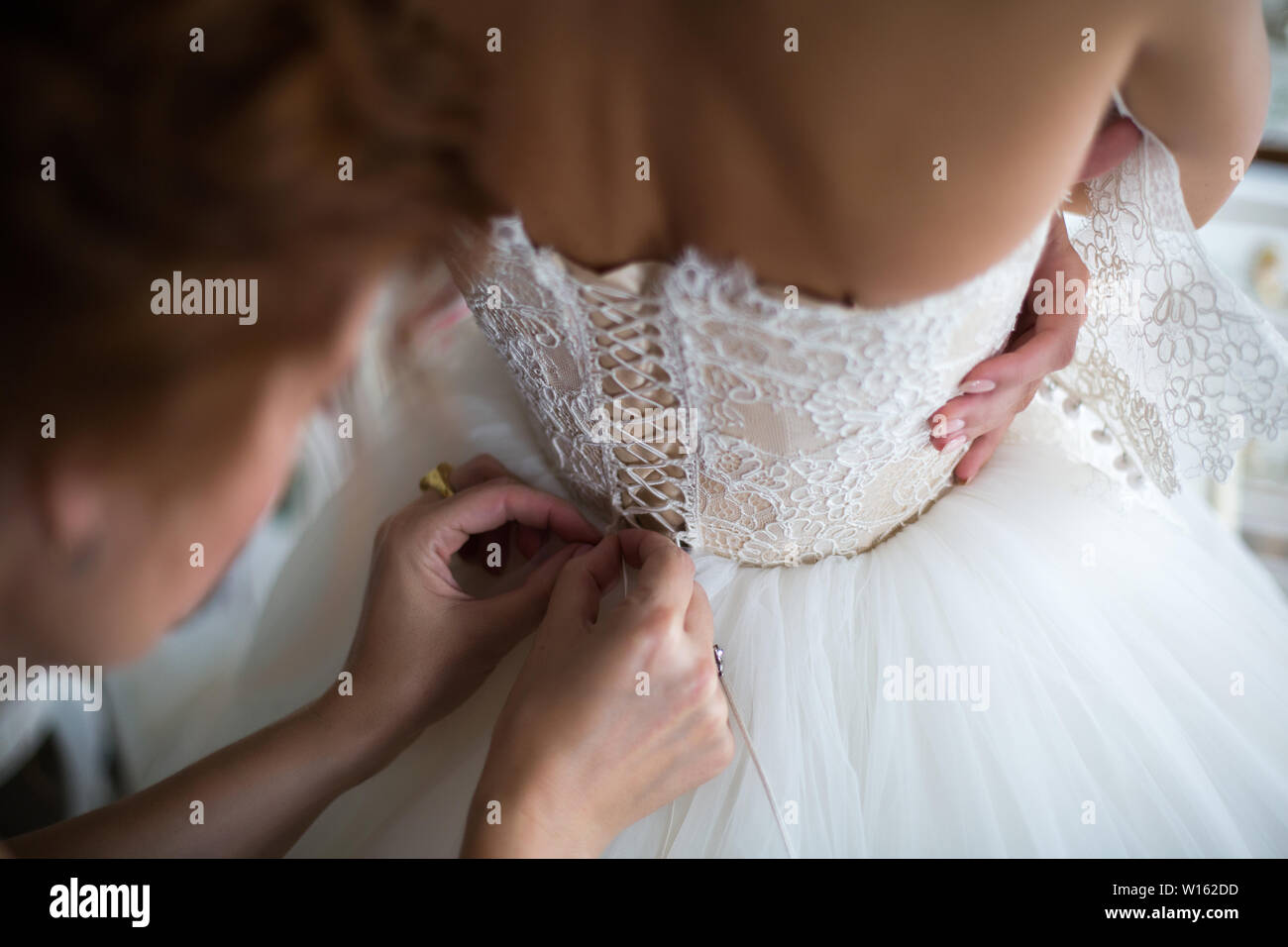 Bride from the back. Lacing the wedding dress Stock Photo - Alamy