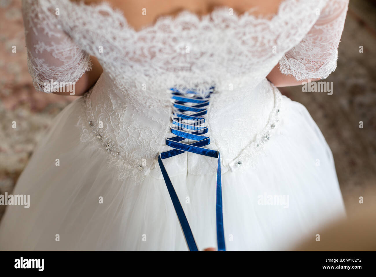 Bride from the back. Lacing the wedding dress Stock Photo Alamy