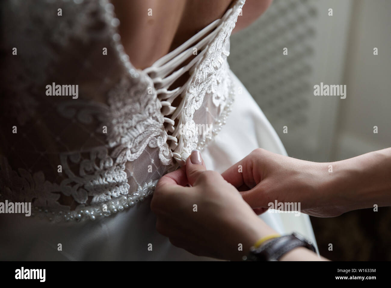 Bride from the back. Lacing the wedding dress Stock Photo - Alamy