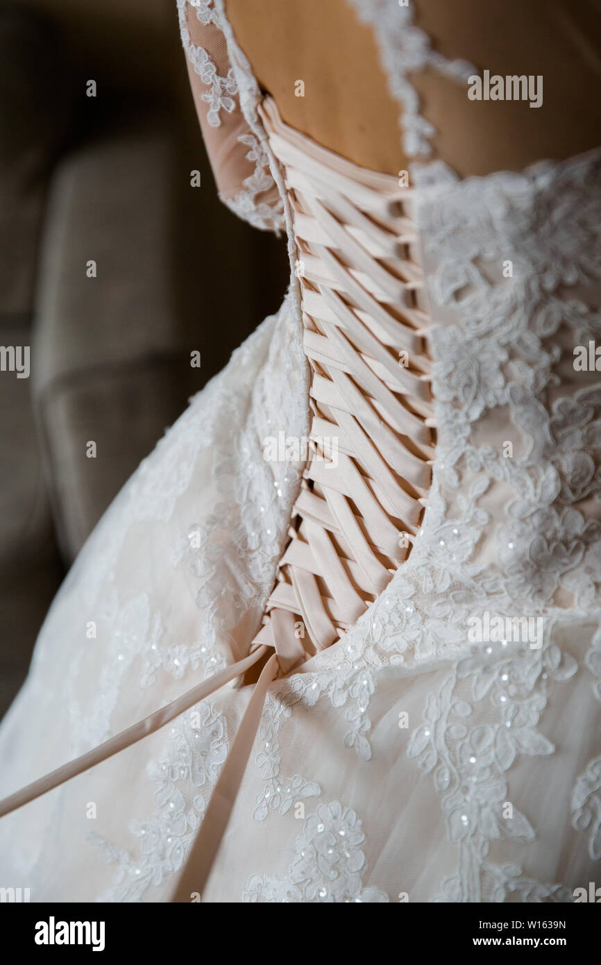 Bride from the back. Lacing the wedding dress Stock Photo Alamy