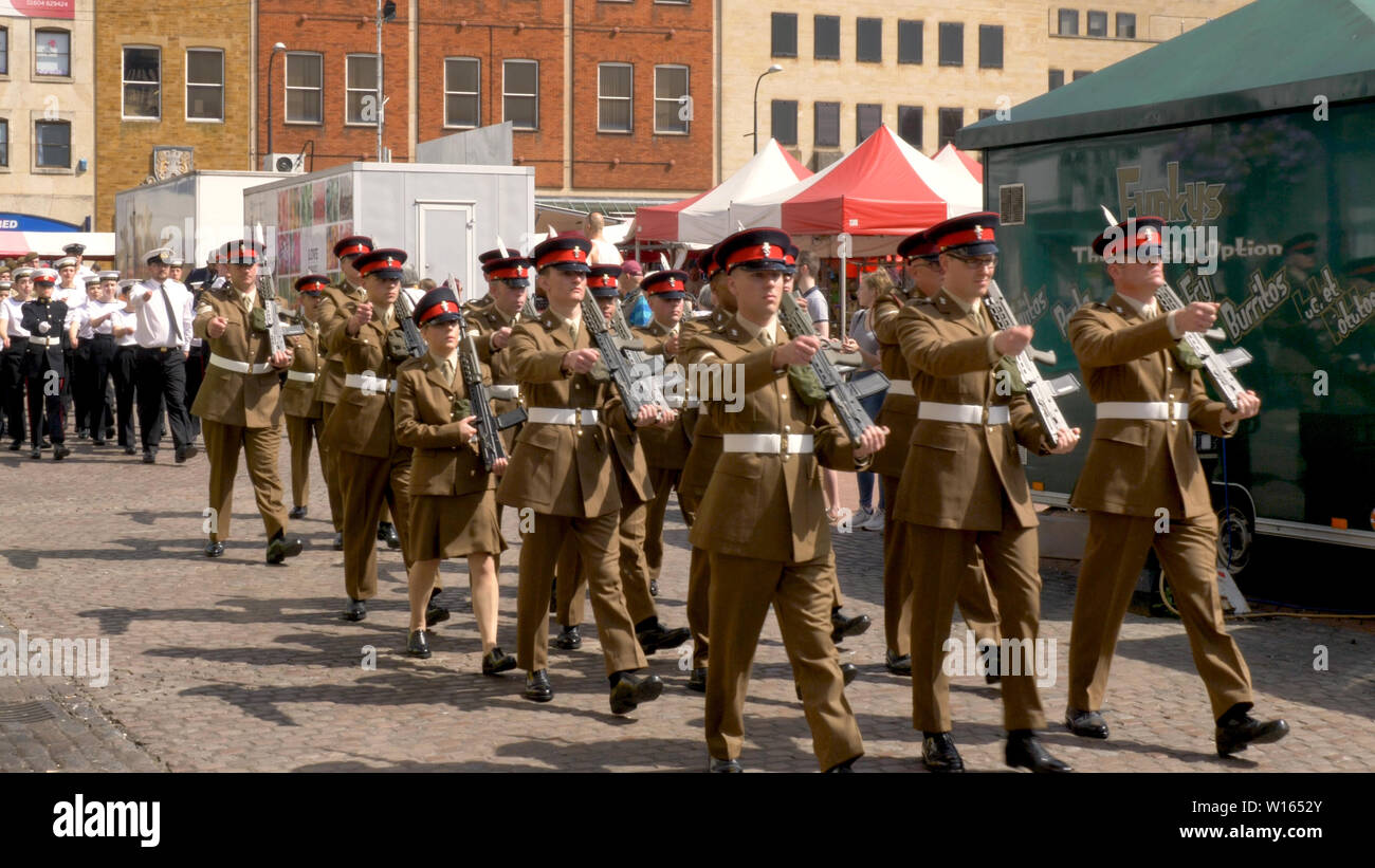 Northampton UK: 29 June 2019 - Armed Forces Day Parade Troops marching on Market Square. Stock Photo