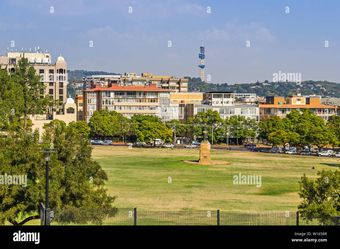 Pretoria, South Africa - May 23, 2019: View from the Union Buildings and from Meintjieskop hill with gardens, statue of Louis Botha,  Sheraton Hotel a Stock Photo