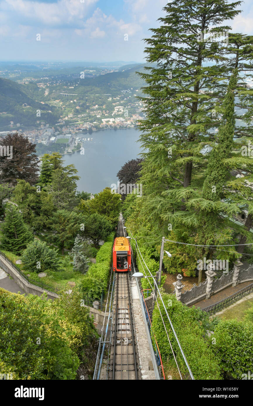 COMO, ITALY - JUNE 2019: Carriage on the funicular railway in Como which  takes visitors up the steep mountain for views of the town and Lake Como  Stock Photo - Alamy