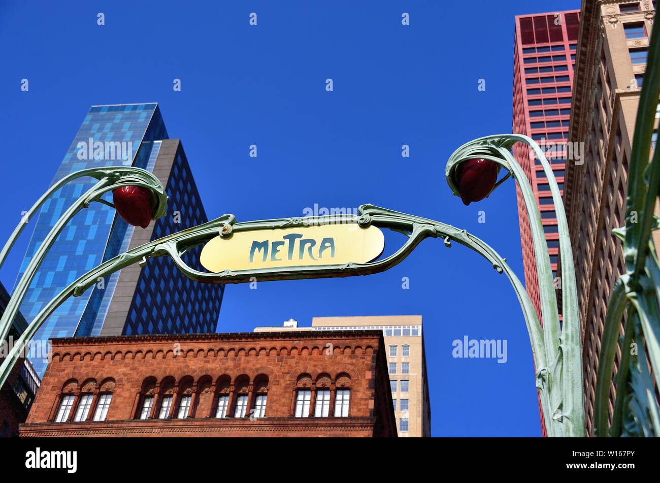 Chicago, Illinois, USA. An archway above an entrance to a VanBuren Street Metra Station. Stock Photo
