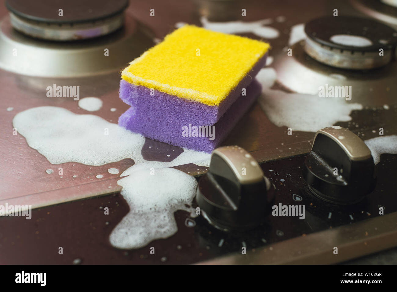 Violet Yellow Sponge With A Metal Gas Stove Cleaning The Dirt