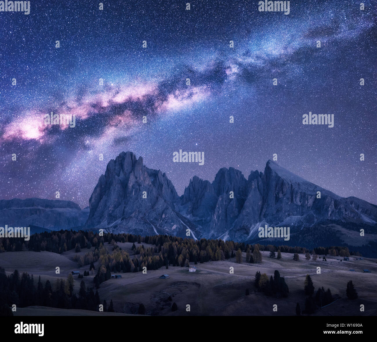 Milky Way over beautiful mauntains at night. Autumn landscape Stock Photo