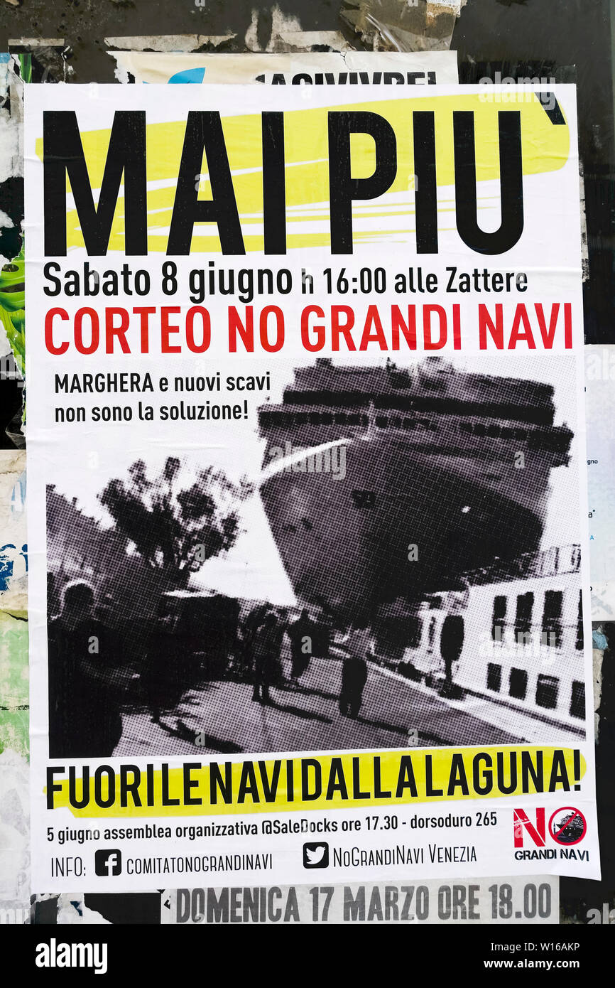 Never again, ships out of the lagoon. Poster promoting a parade against large ships in the Venetian lagoon. Fuori le navi dalla Laguna. Venice, Italy Stock Photo