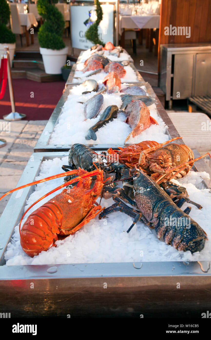 Someone's succulent lobster dinner awaits on a bed of crushed ice, a sidewalk display of the Gariful Restaurant on Hvar's Riva. Stock Photo