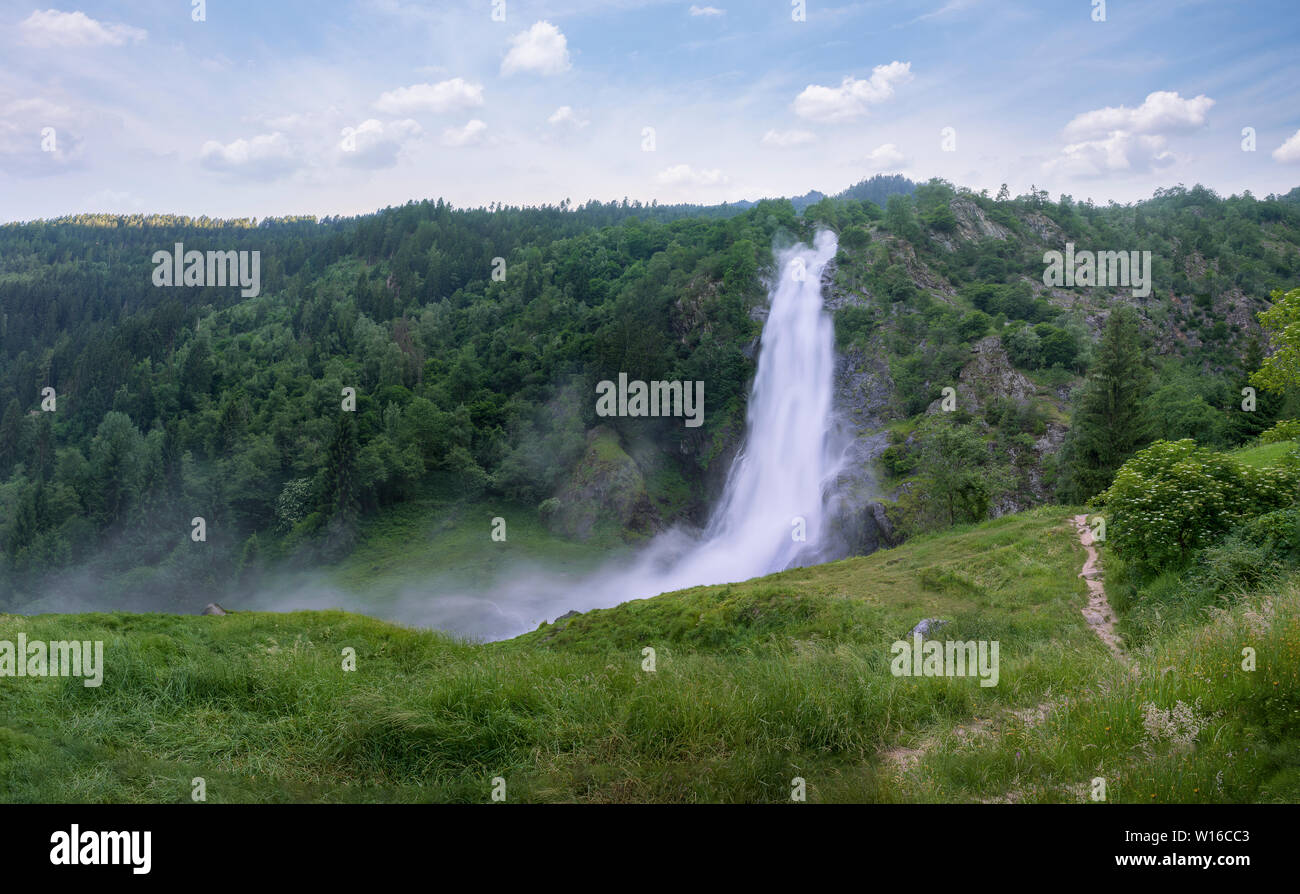 Panorama of huge waterfall in Northern Italy / Alto Adige Stock Photo