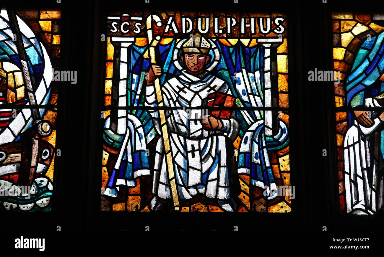 Saint Adulphus in a stained glass window at Prague Cathedral Stock ...