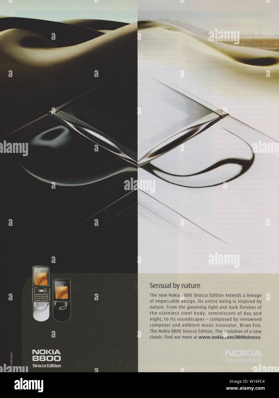 poster advertising Nokia 8800 phone in paper magazine from 2006 year, NOKIA Connecting People slogan, advertisement, creative Nokia advert from 2000s Stock Photo