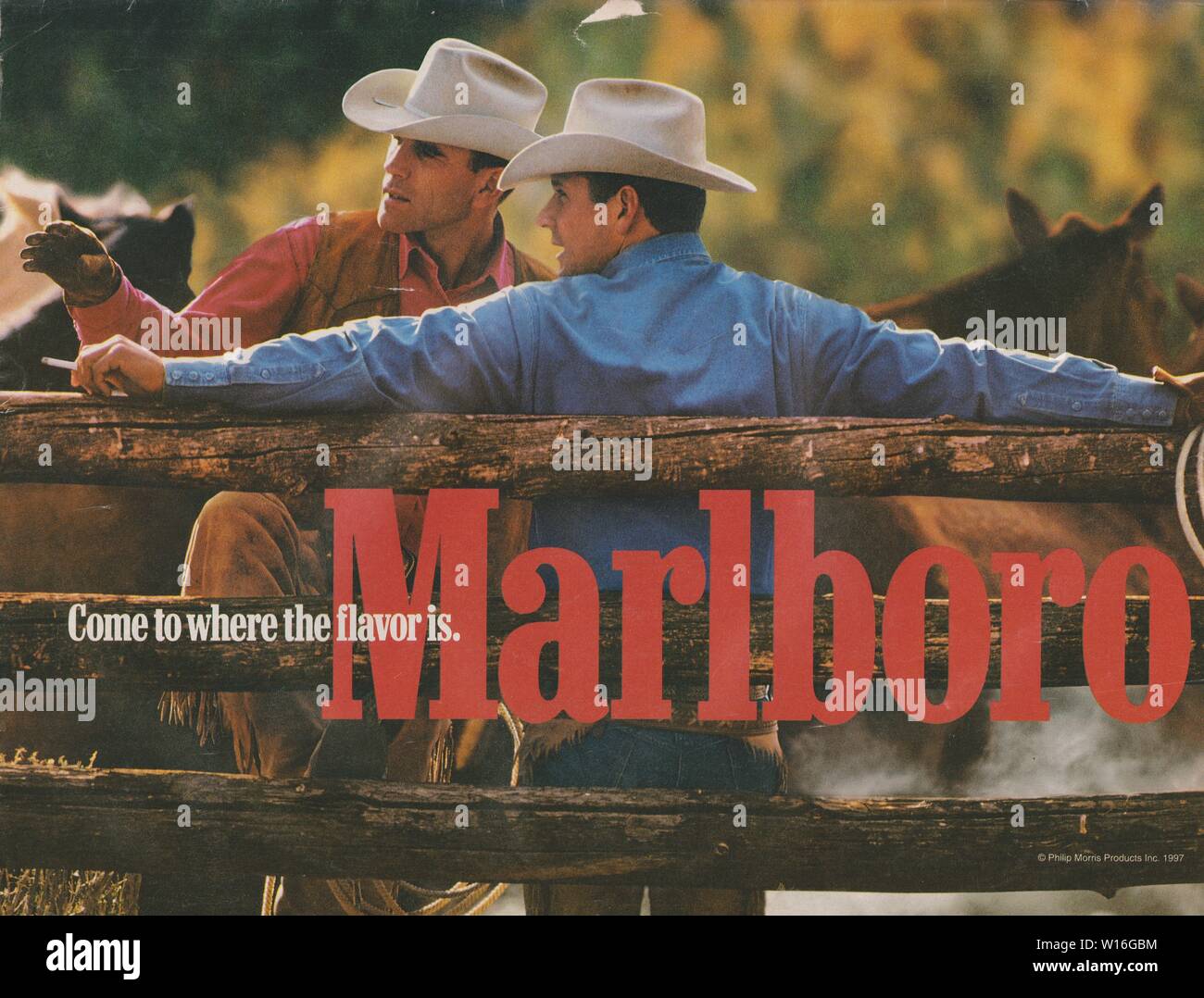 poster advertising Marlboro cigarettes, magazine 1997, Come to Where the flavor is slogan, creative advertisement Marlboro from 1990s Stock Photo